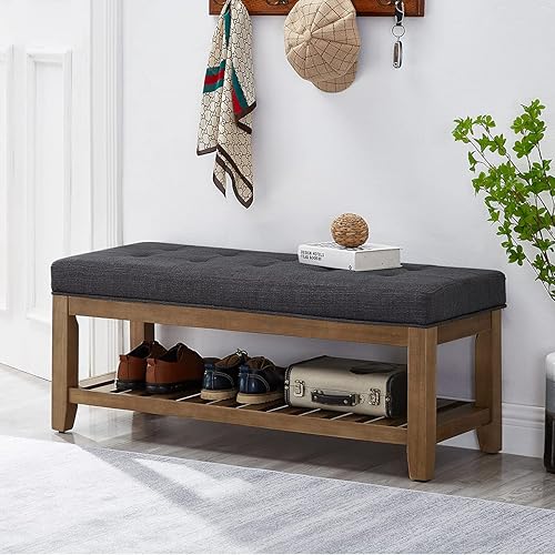 Miniatura 3 de 24KF Banco otomano grande tapizado rectangular de tela de lino, banco acolchado con estante de madera maciza, color carbón