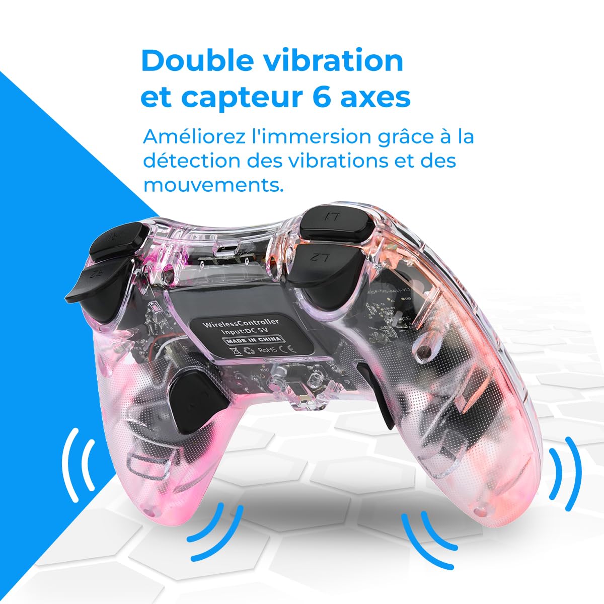 NK Manette pour PS4 / PC/Android - Manette sans fil avec 2-Shock, 6 axes, 2 boutons MACRO, 7 Modes de Lumière LED, Pavé Tactile, Prise Casque, Câble de Charge inclus - Noir Transparent