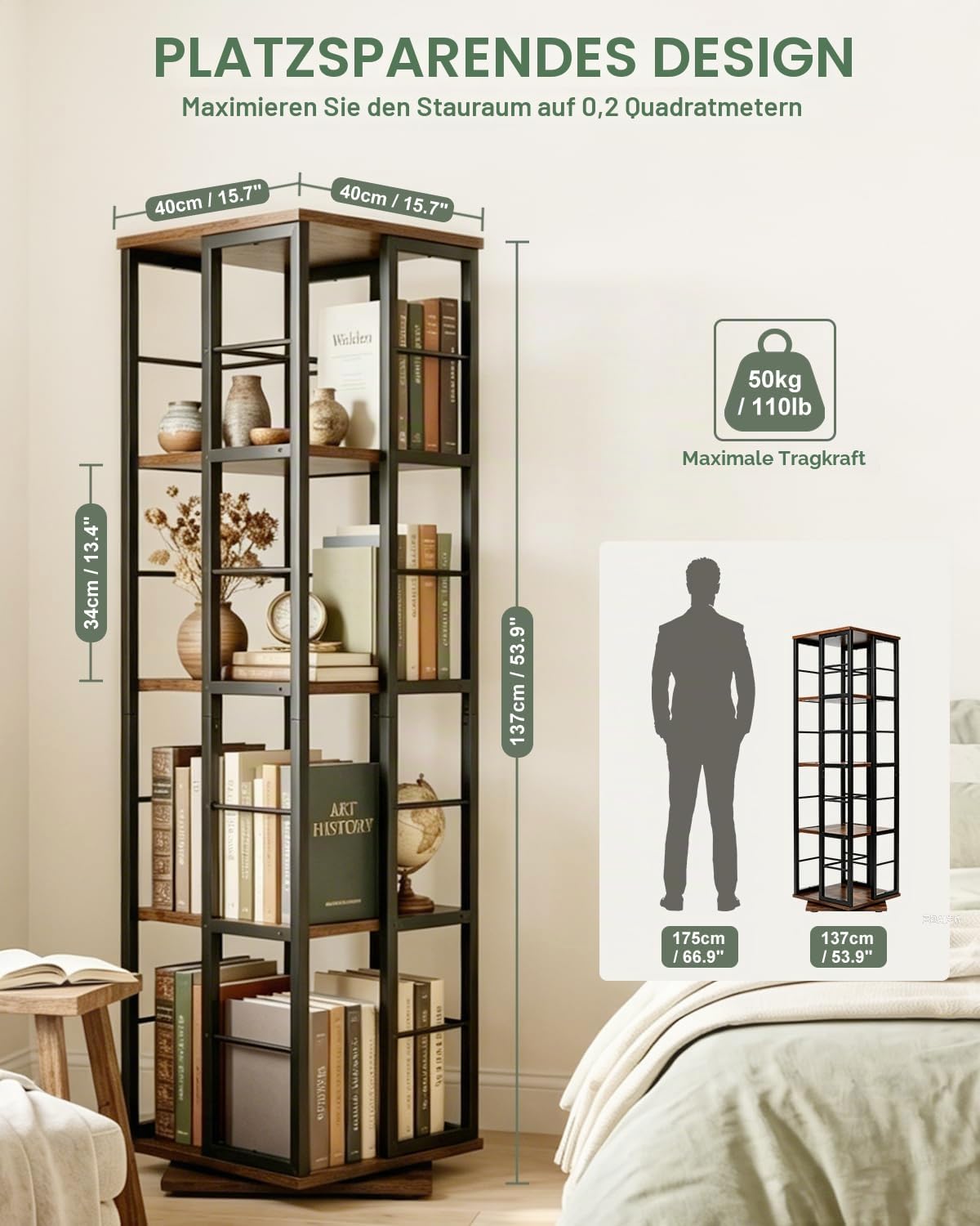Drehbares Bücherregal 360 Grad, Drehregal Standregal mit 4 Ebenen, Rotating Bookshelf Platzsparend, Bodenstehendes Bücherschrank Holz, Drehregal Bücher für Wohnzimmer, Schlafzimmer, Büro (Schwarz)