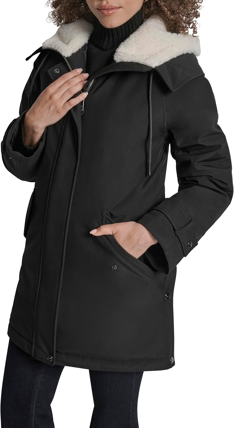 DKNY Women's Winter Parka Jacket With Sherpa Fleece Lined Hood - Long Water-resistant With Hood