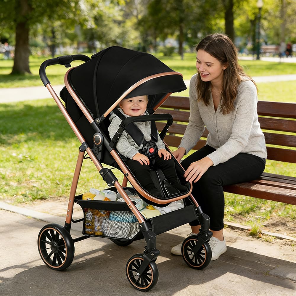 Poussette 3 en 1,Haute Vue Poussette Bebe Pliante,Voyage Pour Bébé 0 à 4ans | Panier de couchage panier 2 en 1, siège amovible, Auvent pliant