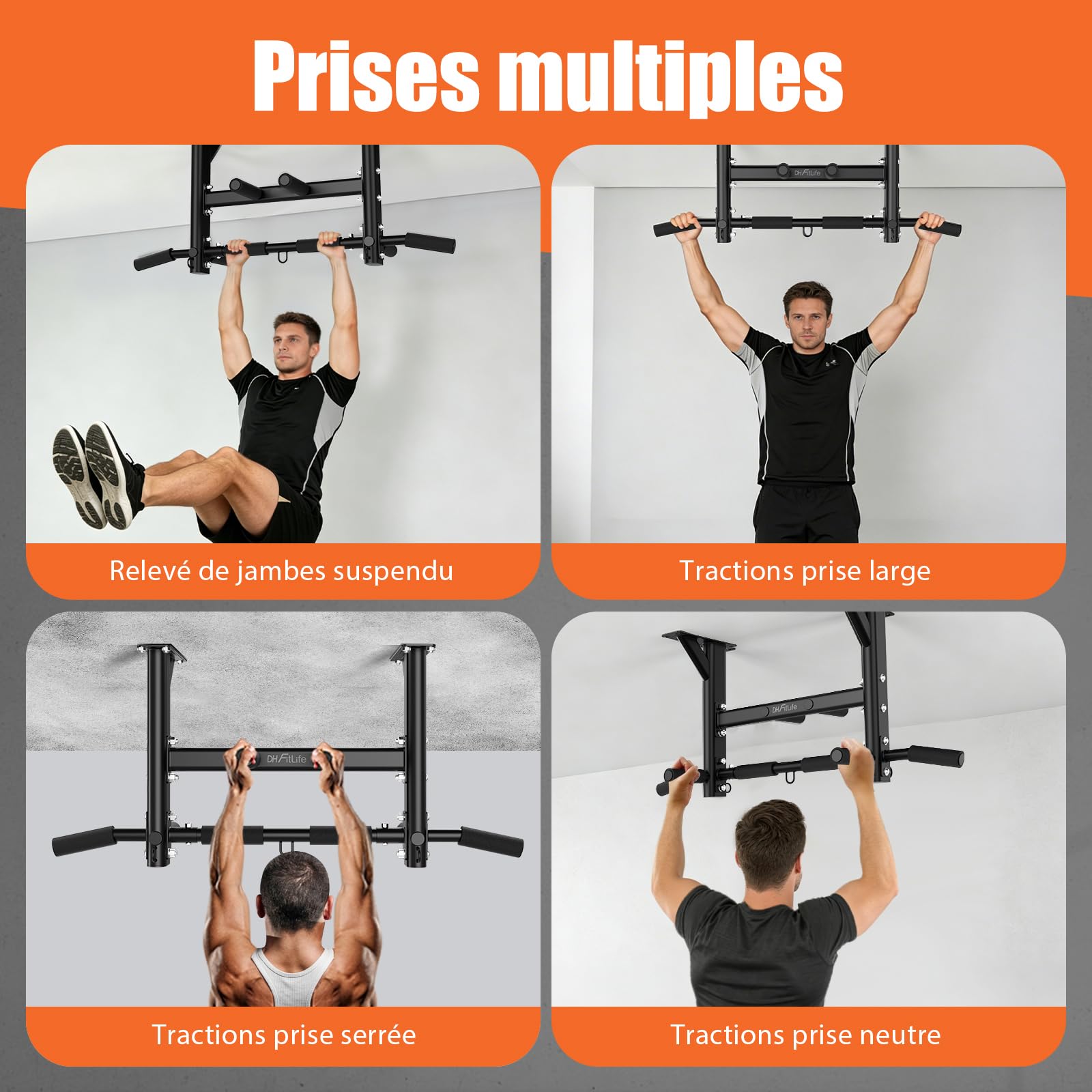 DH FitLife Barre de Traction Plafond 4-en-1, 8 Poignées, 300 kg | Montage plafond avec chevilles｜Sangle suspension incluse｜3 œillets｜Poignées antidérapantes｜Barre traction Home Gym