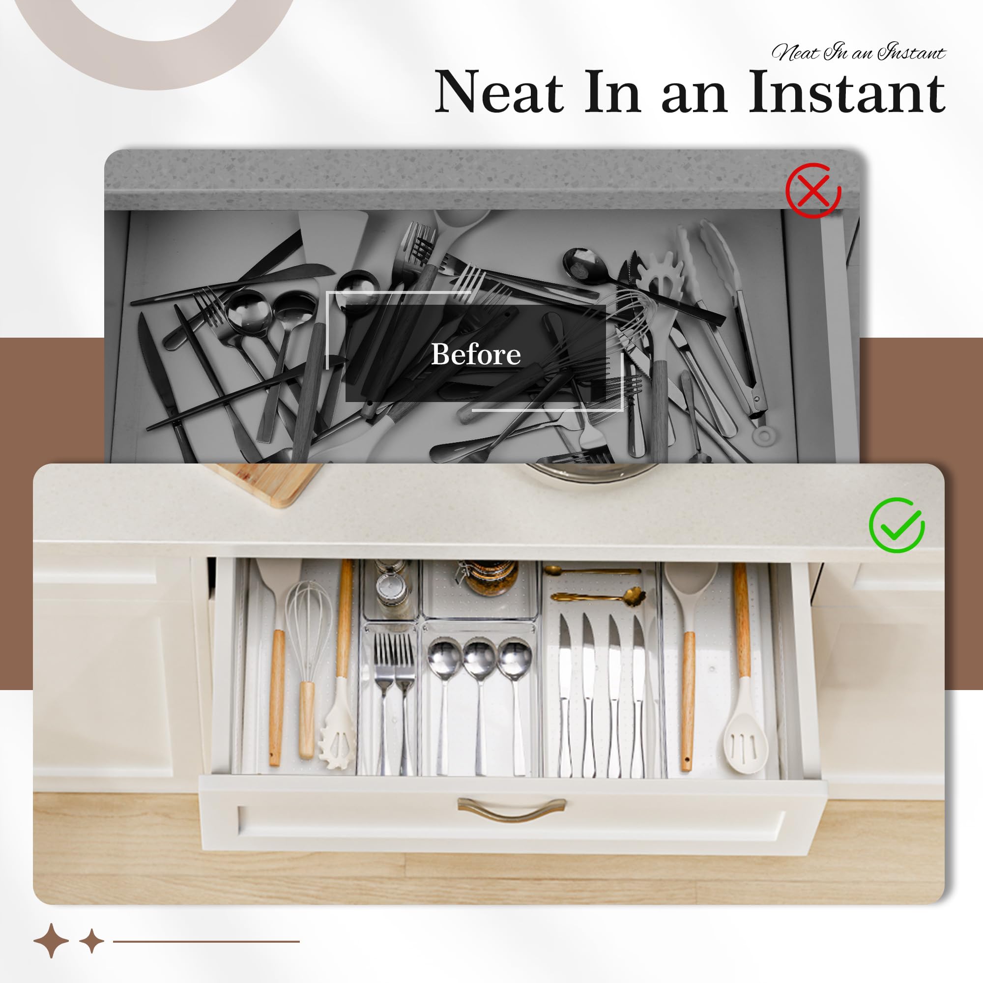 Criusia Set di 11 organizer per cassetti in plastica trasparente, 5 vassoi versatili per cucina e bagno, contenitori antiscivolo per trucchi, utensili, utensili e scrivania da ufficio
