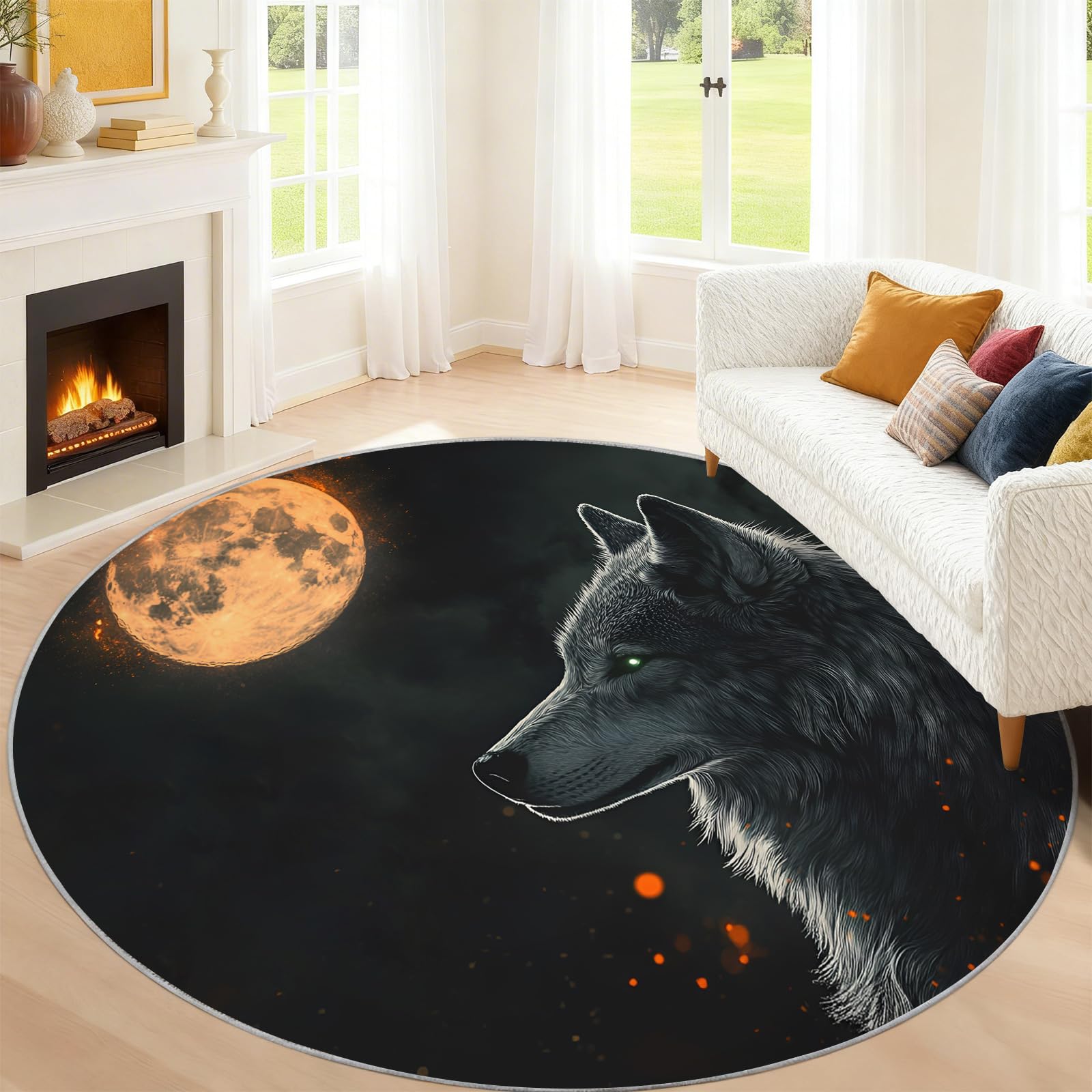 Tapis rond avec motif loup, pour salon, chambre à coucher, tapis lavable, antidérapant et antidérapant, au clair de lune