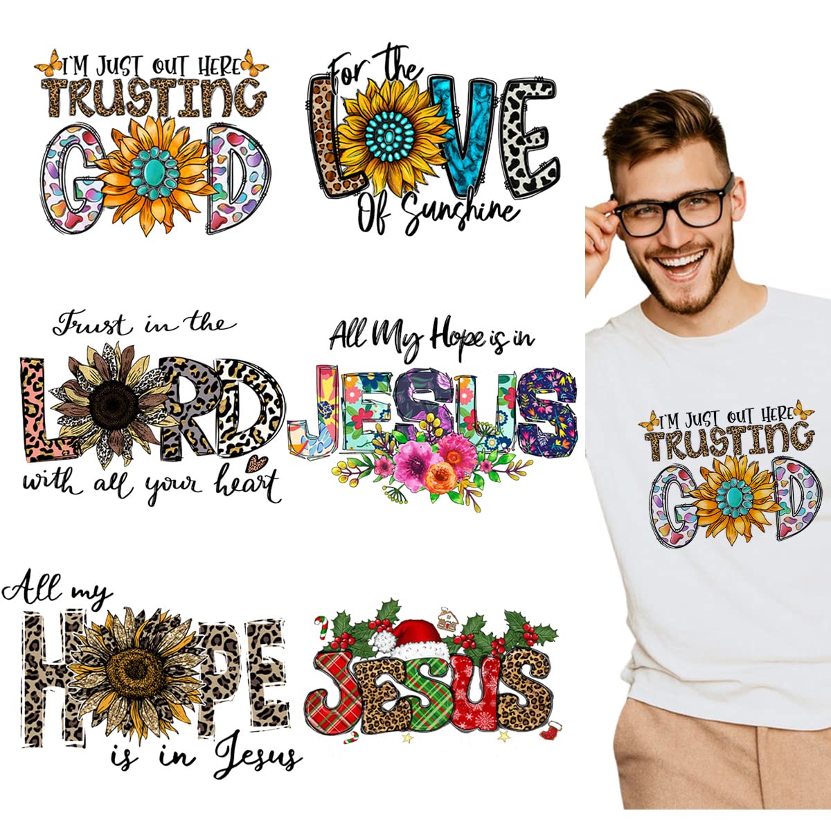 Jesus Iron on Transfer Sunflower Lord Iron on Decals T-Shirt Iron on Patches Heat Transfer Stickers God Flowers Letter Design Thermal Transfer Applique Washable Costume DIY Decorations Supplies 6PCS