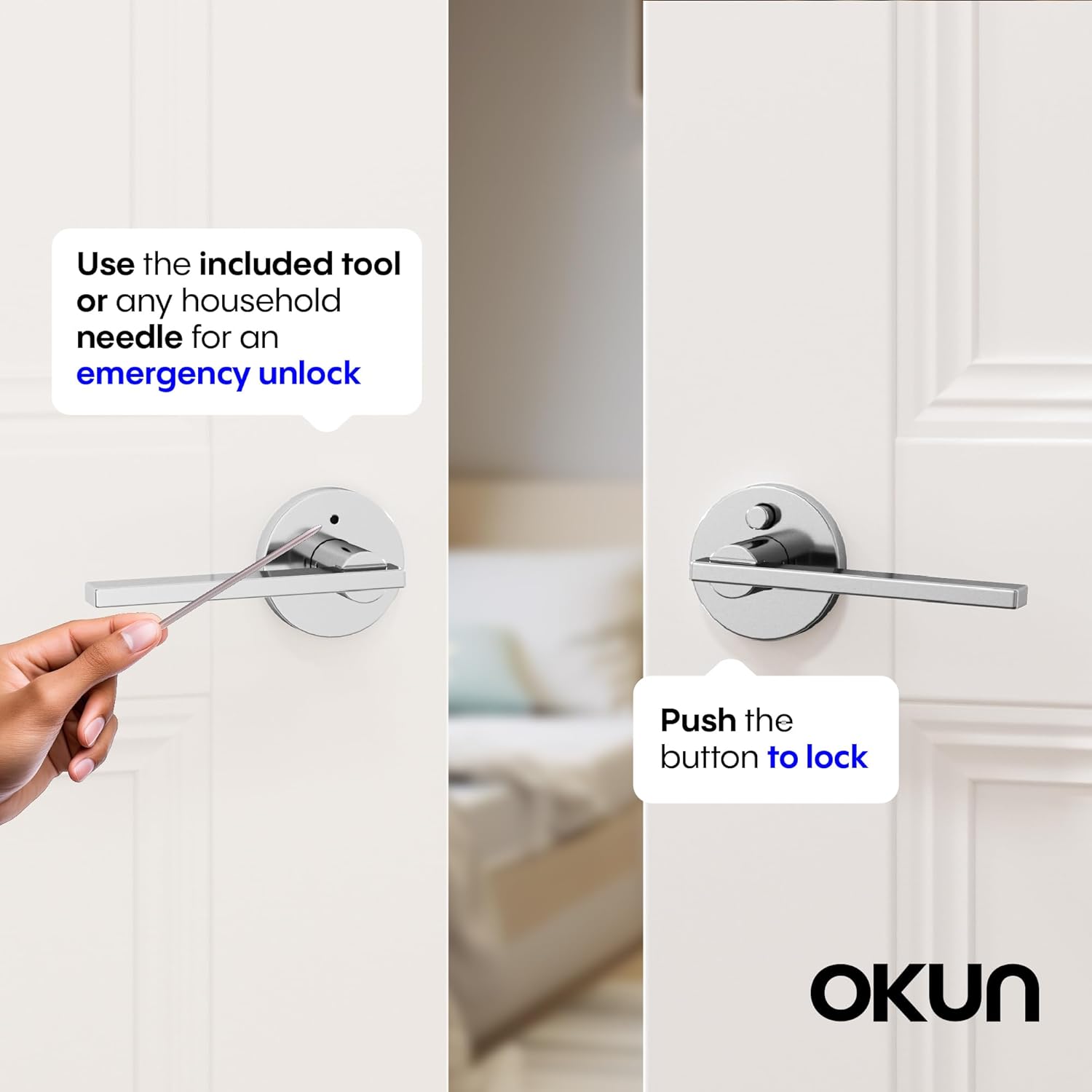 Okun Valli 6-Pack Chrome Privacy Door Levers – Push Button Lock, Reversible, Sleek Concealed-Mount Design for Bedroom & Bathroom