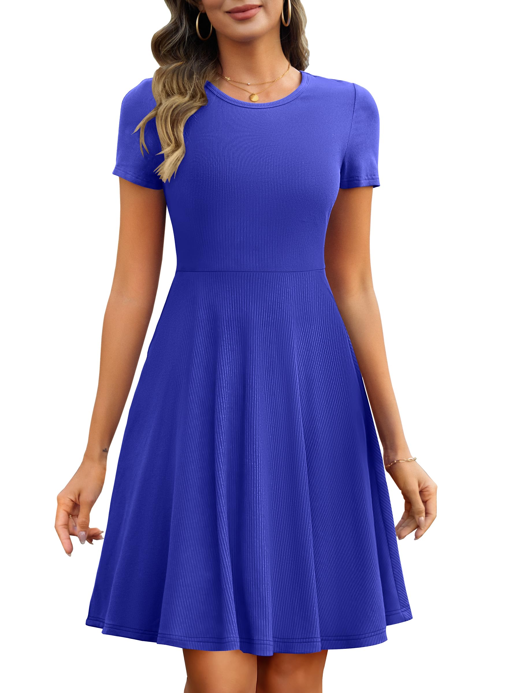 ANRABESS Women Summer Short Sleeve Ribbed Knit Fit & Flare A-Line Flowy Business Casual Work Basic Mini Dress with Pockets Army Green Small: Blue Medium