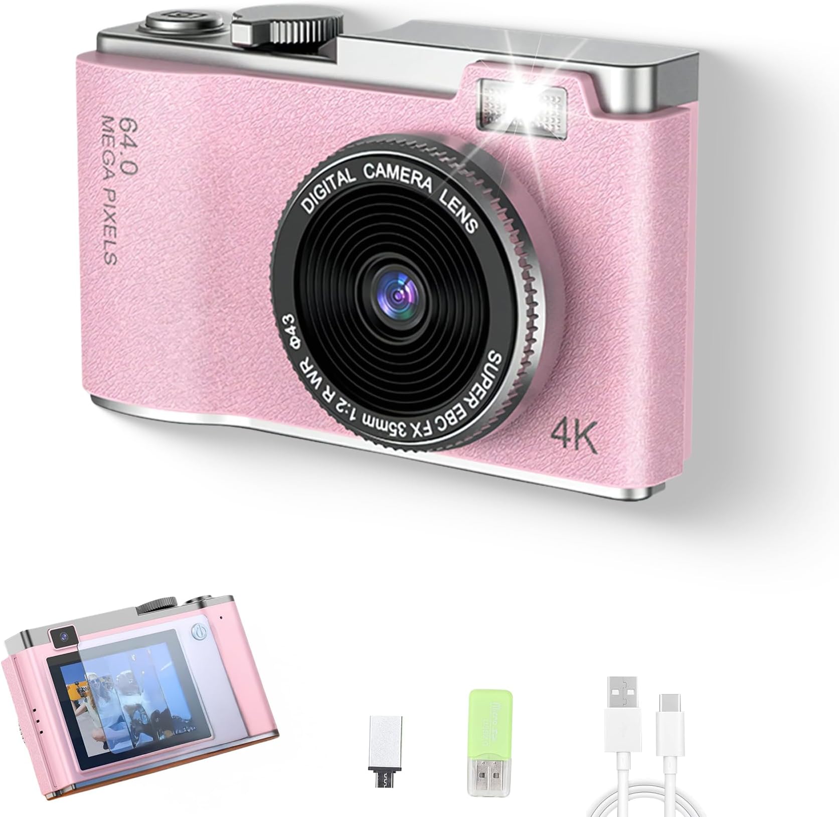 Bewinner Retro Digital Camera 1080P, 48MP Point and Shoot Vintage, FHD Selfie - 2.4in HD Screen, 16X Digital Zoom, Front & Rear Dual Lens (Roseate)