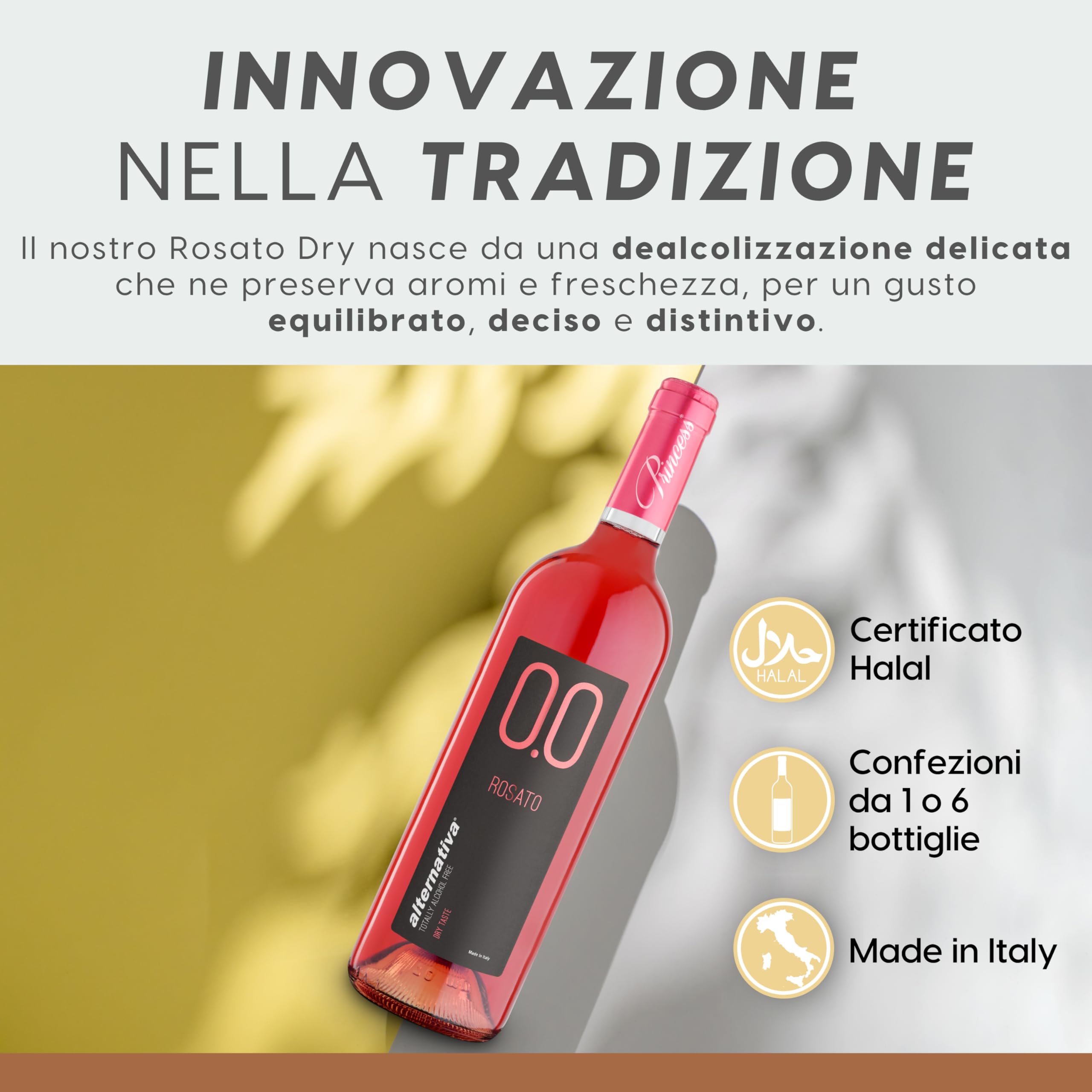 ALTERNATIVA Rosato Dry Analcolico 0.0% - Dealcolato Italiano Senza Alcol - Ideale per Celebrazioni e Regali - Bottiglia da 750ml Alcool Free