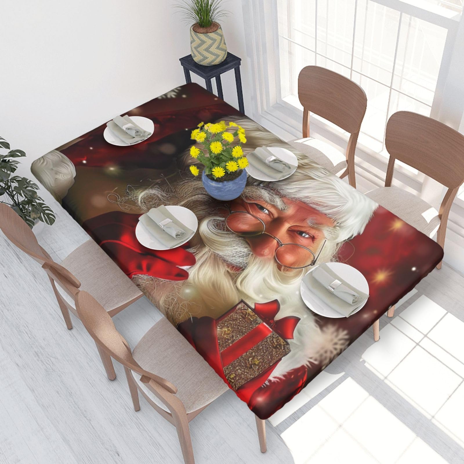DCARSETCV Merry Christmas Santa Claus Printed 4FT Waterproof Tablecloth with Elastic Edged Protect & Decor Your Table, Oil-proof Washable Table Cloth Cover for Dinner Picnic Party