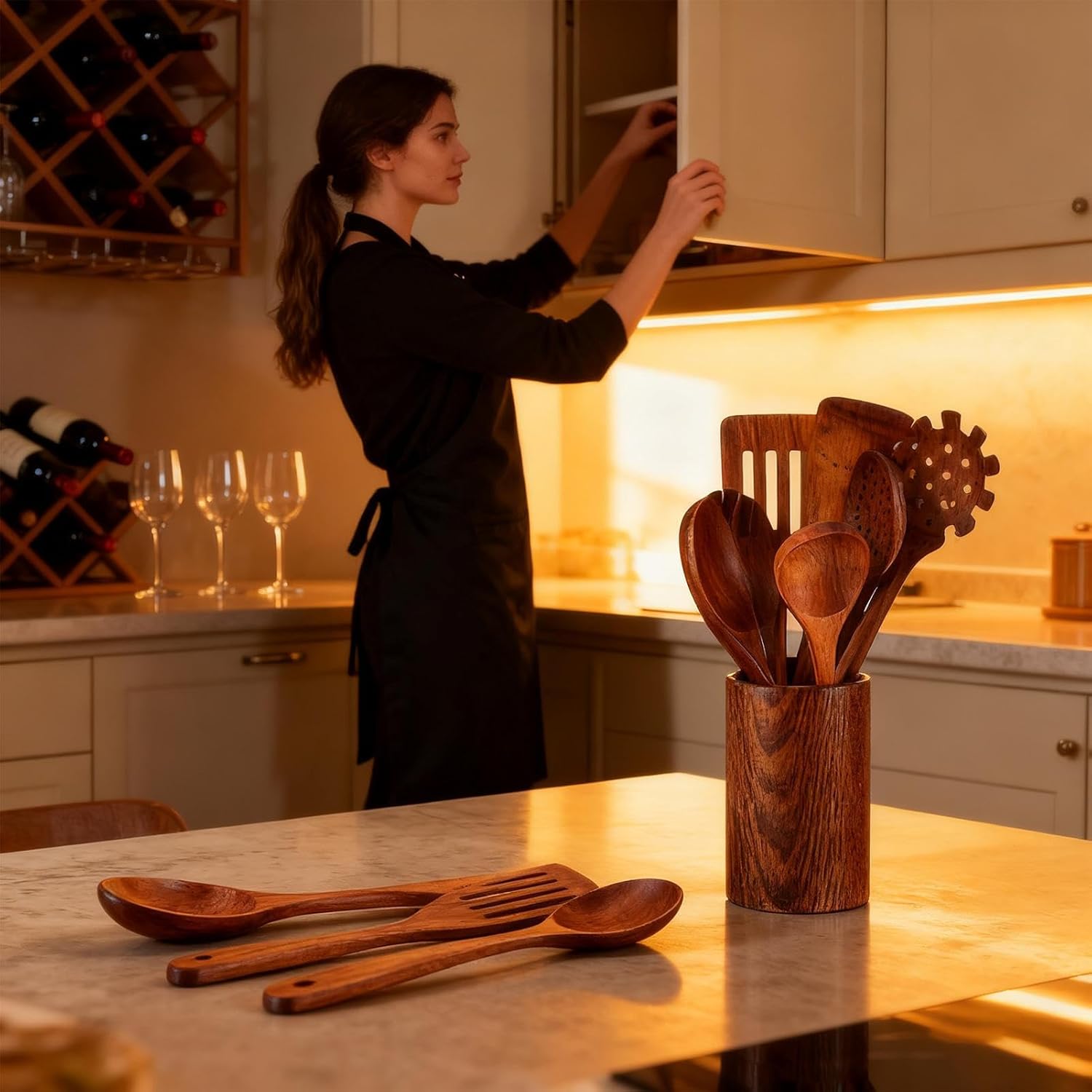 木製調理用具 - 8点耐熱ノンスティックスパチュラとレードル | チーク材木製調理器具セット,屋内家庭用アウトドアバーベキュー集まり