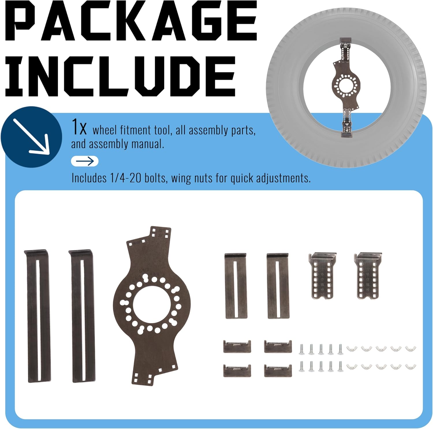 Universal Wheel Fitment Tool 5-Lug Wheel Bolt Patterns Fit for 14-20 Inch Wheel Diameters and 7-17 Inch Wheel Widths Tire/Rim Fit Size Measuring Mockup Tool Wheel Fitment Simulator Steel Raw