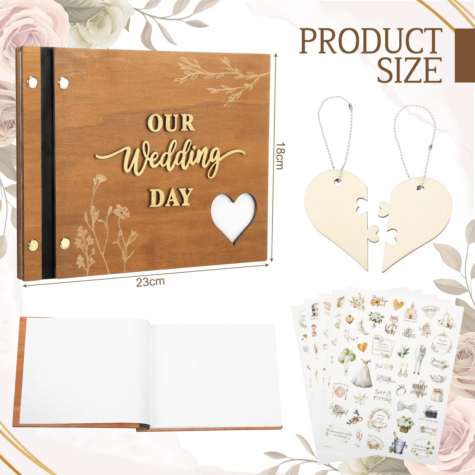 Resurhang Rustikales hölzernes Hochzeitsgästebuch Erinnerungsbuch für Hochzeit, Holzeinband, Foto-Scrapbook, rustikales Andenken, Gästebuch mit Aufklebern für Empfang, Jahrestag, Brautparty