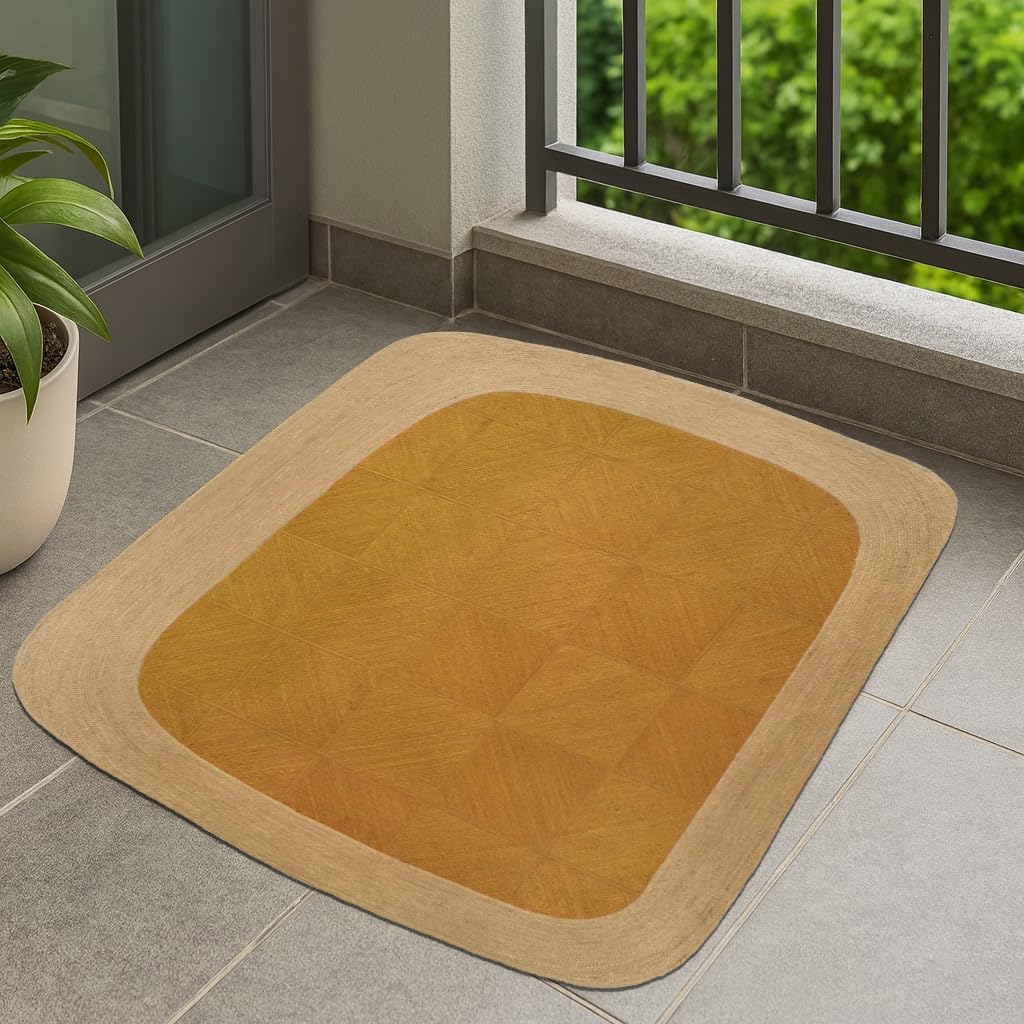 Rectangular Area Rug - 12x15 Feet Hand Woven Jute Rug Thick 0.27" Solid Yellow Border Rugs for Dining Room Farmhouse Design Outdoor Decorative Floor Carpet