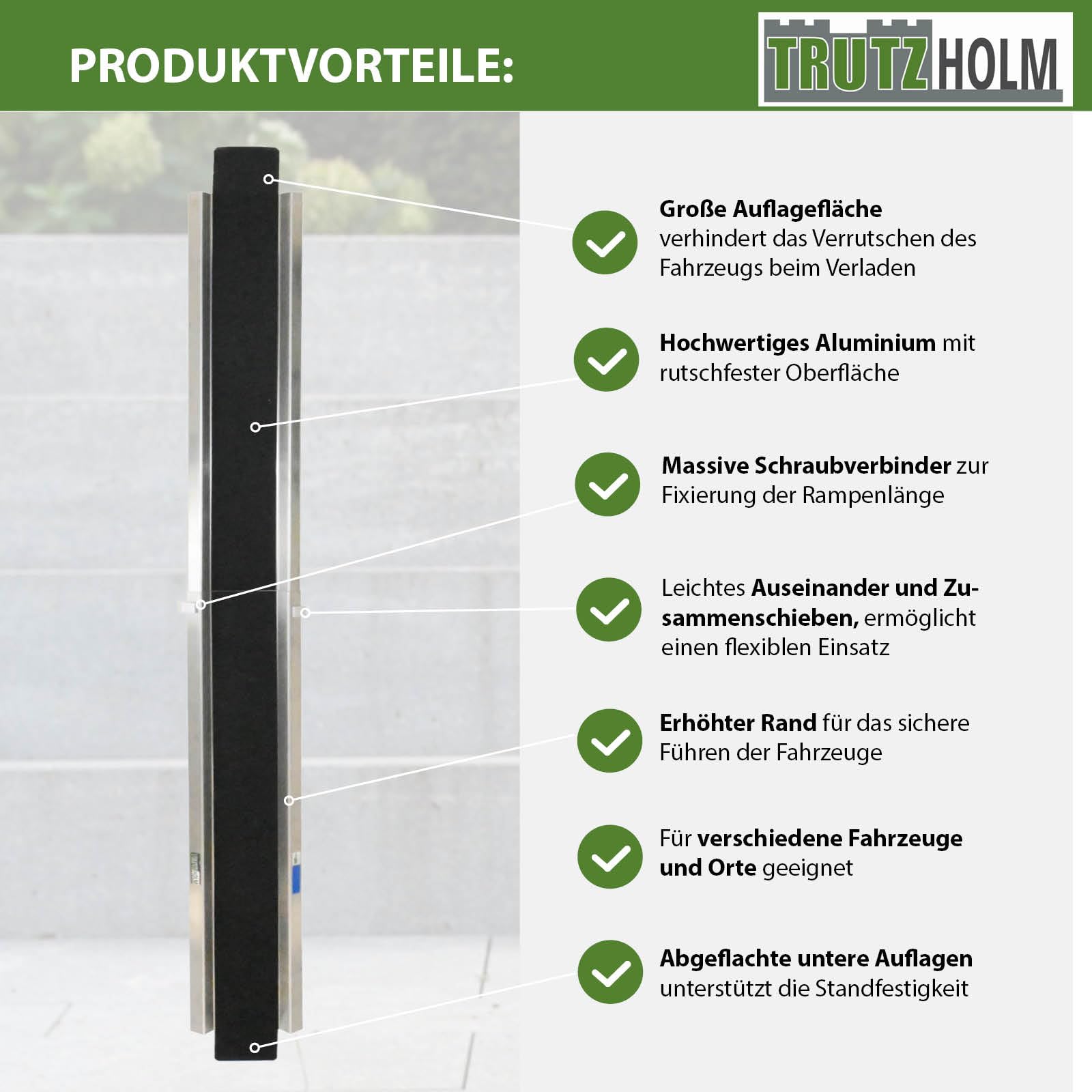 TRUTZHOLM Auffahrampe Aluminium zusammensteckbar 150-270 cm verstellbar 50 kg Treppenrampe Auffahrschiene für E-Bike Mofa Fahrrad mit Friktionsbeschichtung schwarz/grau