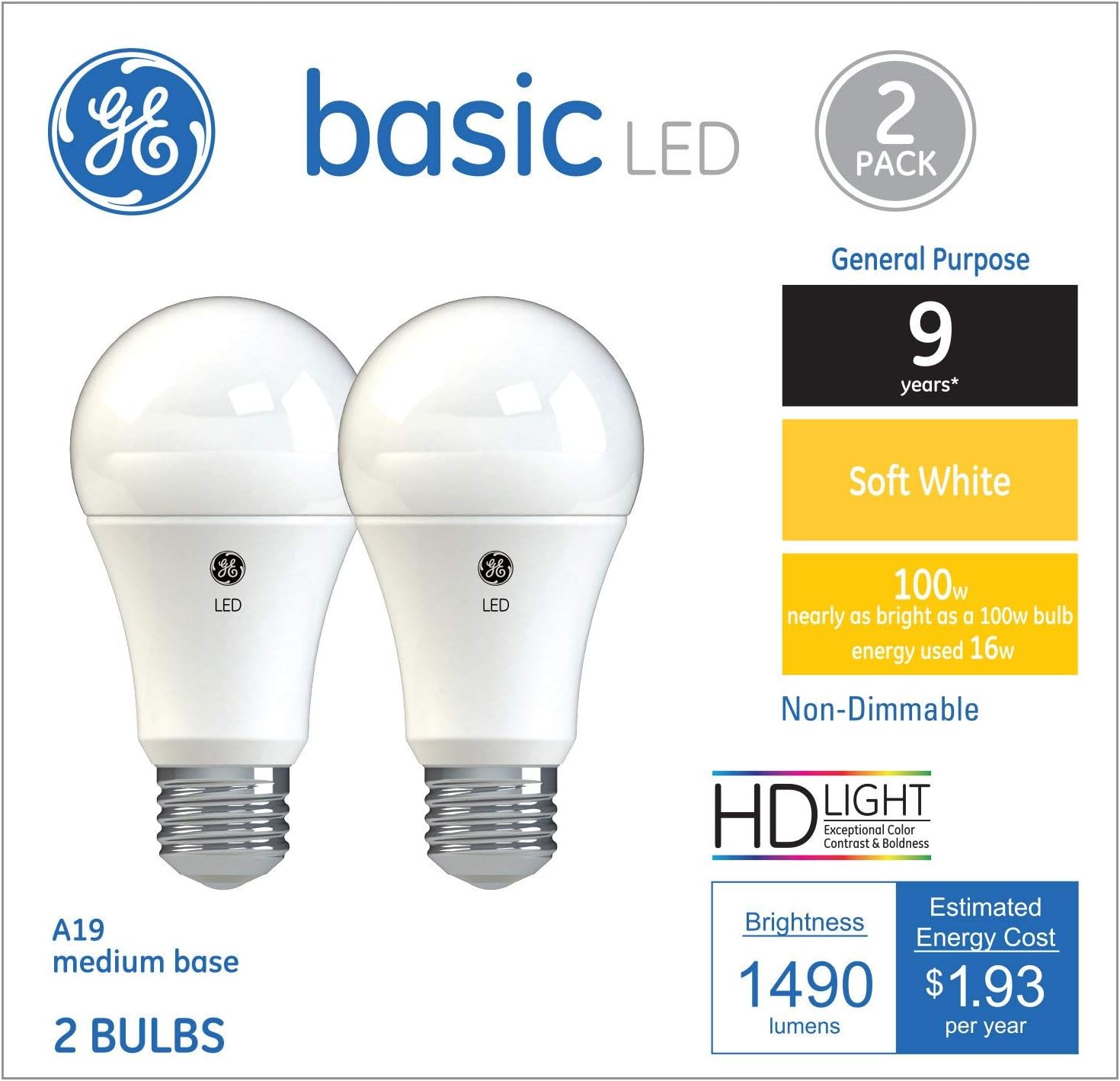 GE Basic LED Light Bulbs, 100 Watt, Soft White, A19, Medium Base (2 Pack)