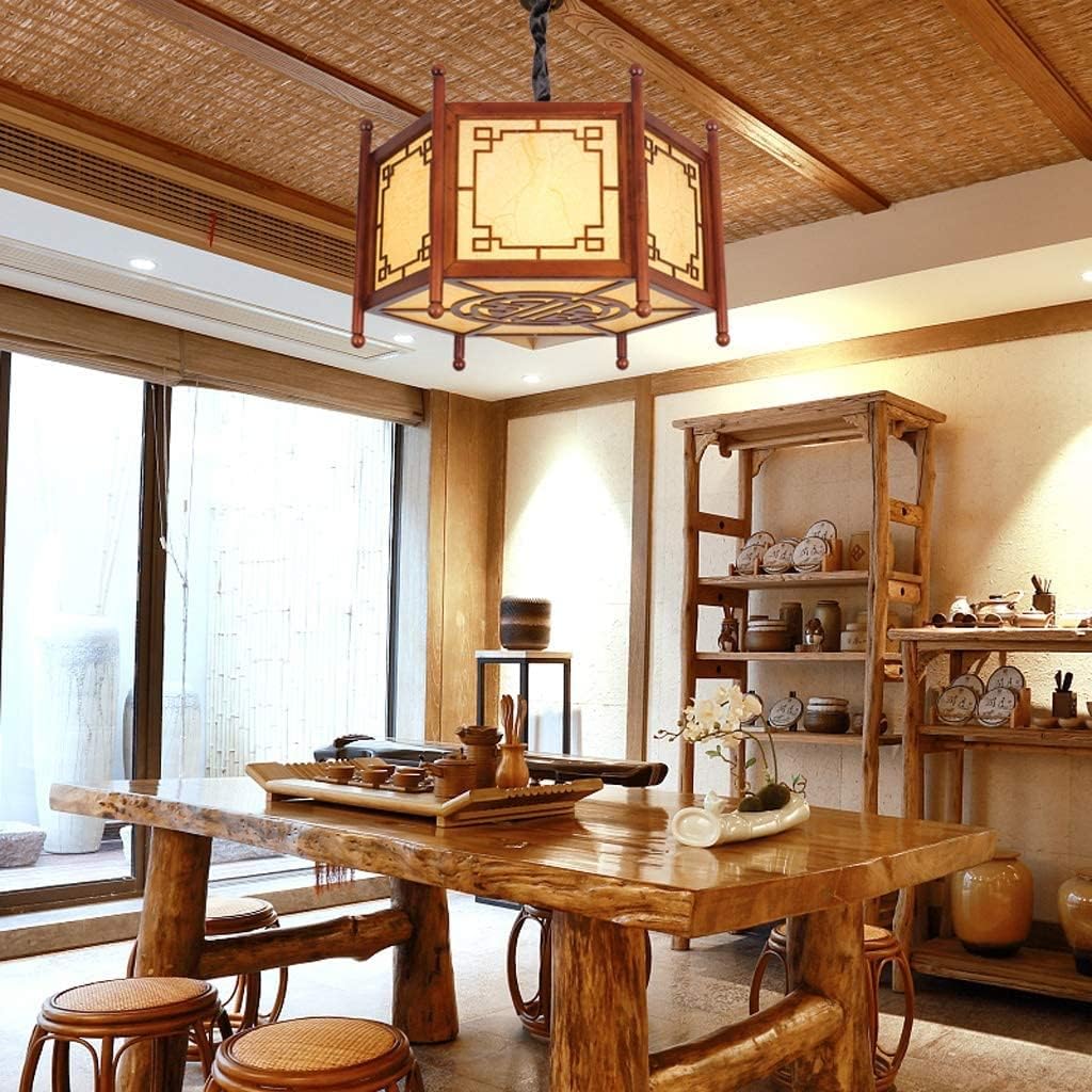 LIOONS Chinese Lanterns, Solid Wood Hexagonal Palace Lantern Antique Lantern PVC Shade Hanging Lantern Indoor Lighting