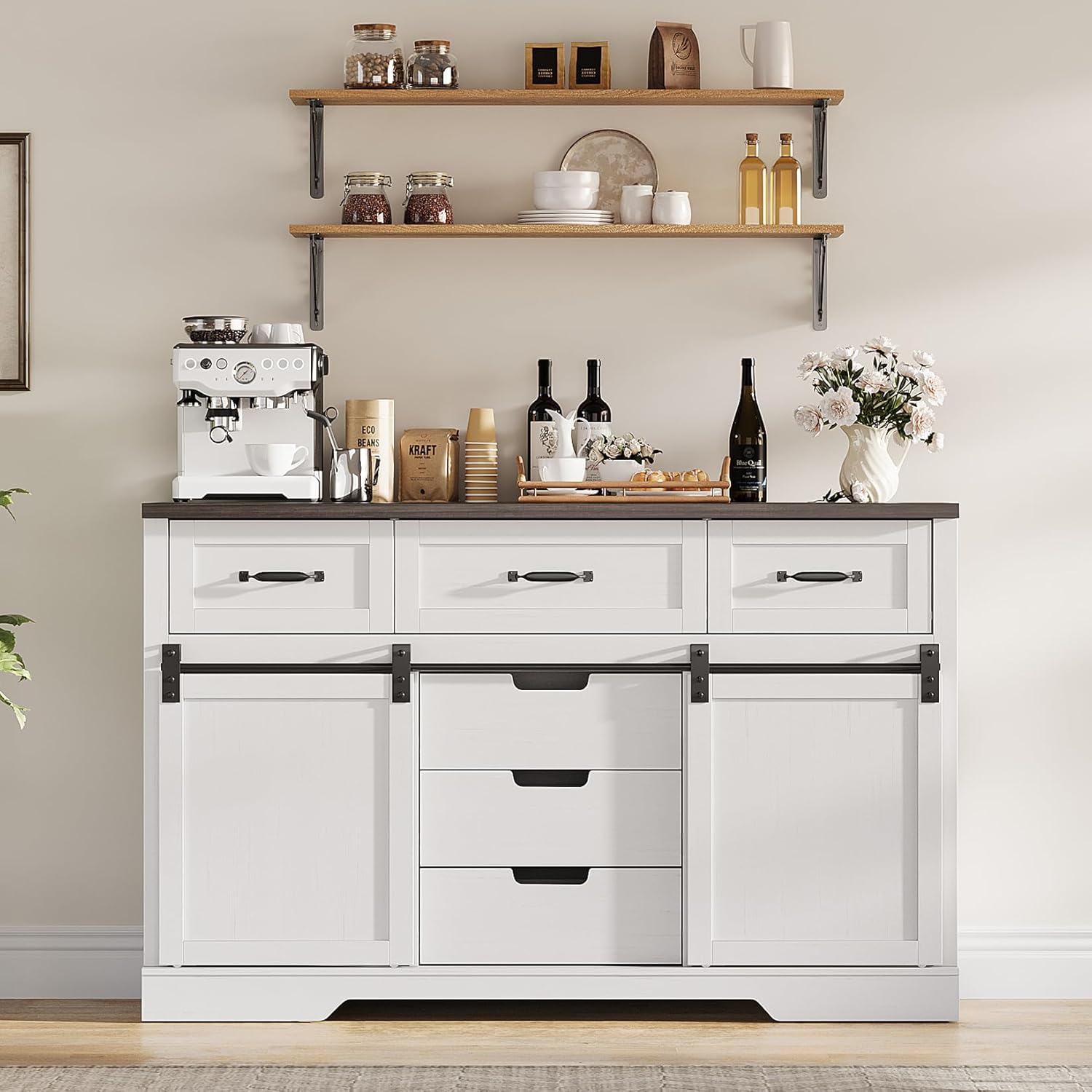 GAOMON Farmhouse 6 Drawers Dresser for Bedroom with Sliding Barn Doors, Wood Dressers & Chest of Drawers, Rustic Dressers TV Stand, Dresser Organizer for Bedroom, Living Room, White