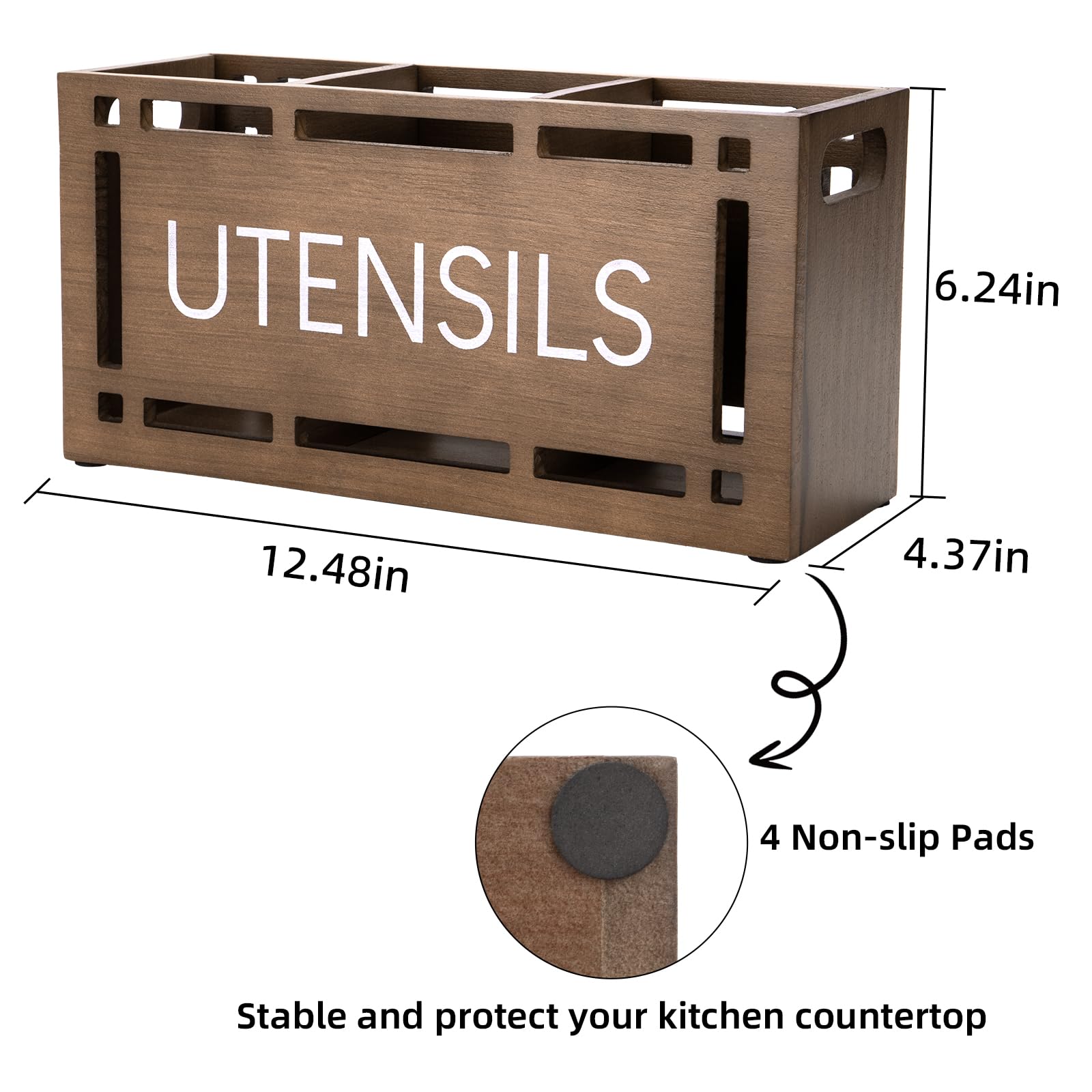 Karisky Utensil Holder for Kitchen Counter Large 3 Compartments Solid Real Wood Utensil Caddy Organizer with 4 Non-Slip Pads - Image 4