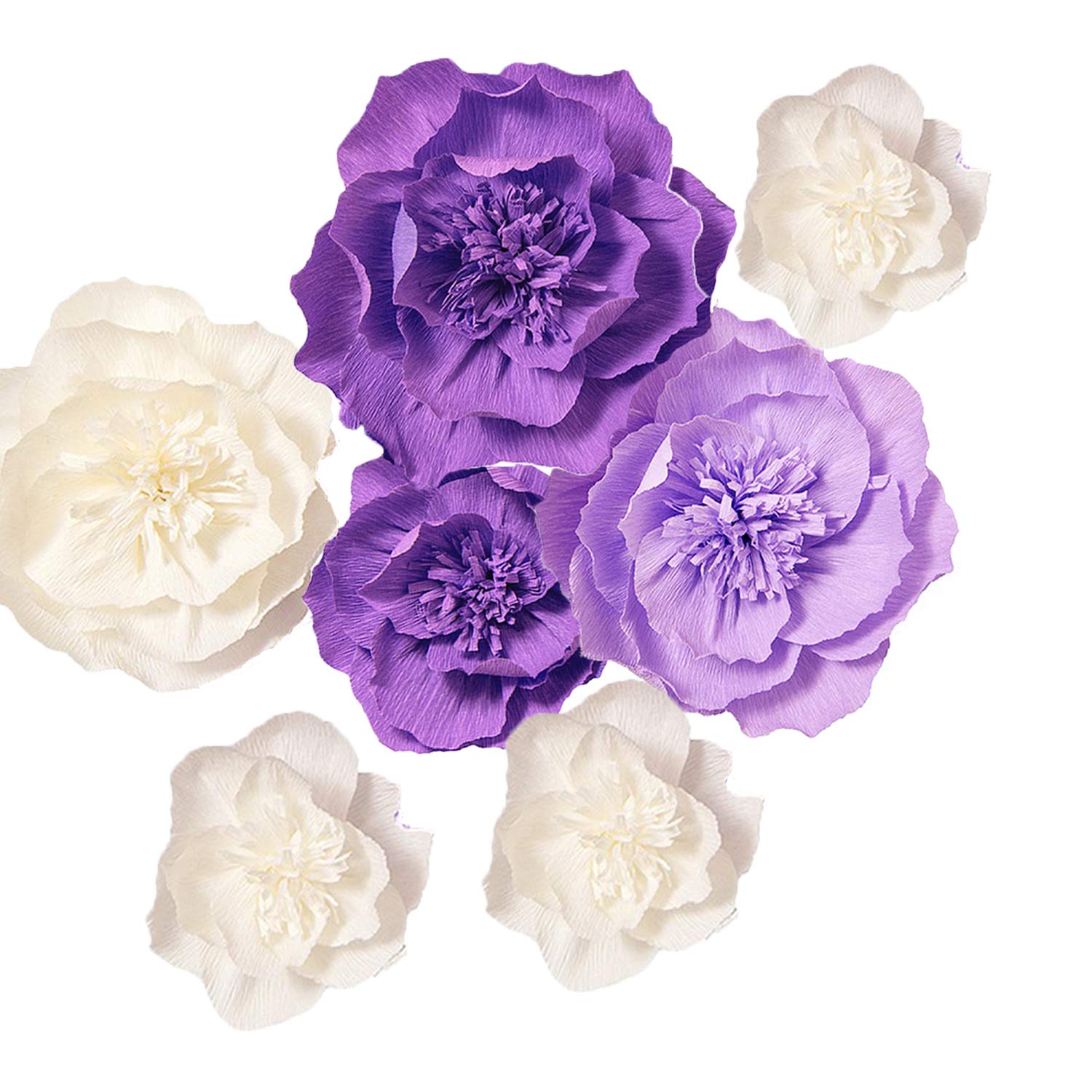 Ling's Moment Paper Flower Decorations,Crepe Paper Flower, Handcrafted Purple & Cream Flowers for Wedding, Baby Nursery, Bridal Shower, Photo Booth Backdrop, Centerpieces(7pcs 8''-4'' Assorted)