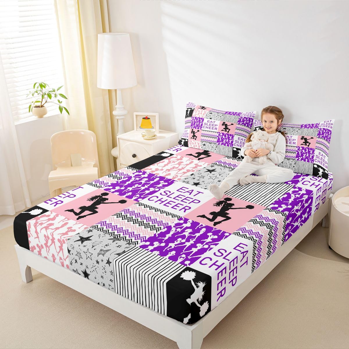 Cheerleading Bed Sheet, Cheerleader Loves Bedding Set Twin Size for Kids Girls Teens Adult Bedroom, Geometric Checkered Fitted Sheet Starry Sky