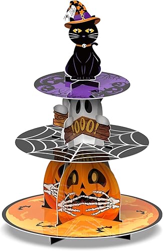 Cinrobiye Soporte para cupcakes de 3 niveles de Halloween, colorido, cartón, ideal para mostrar postres, adecuado para decoración de fiesta de