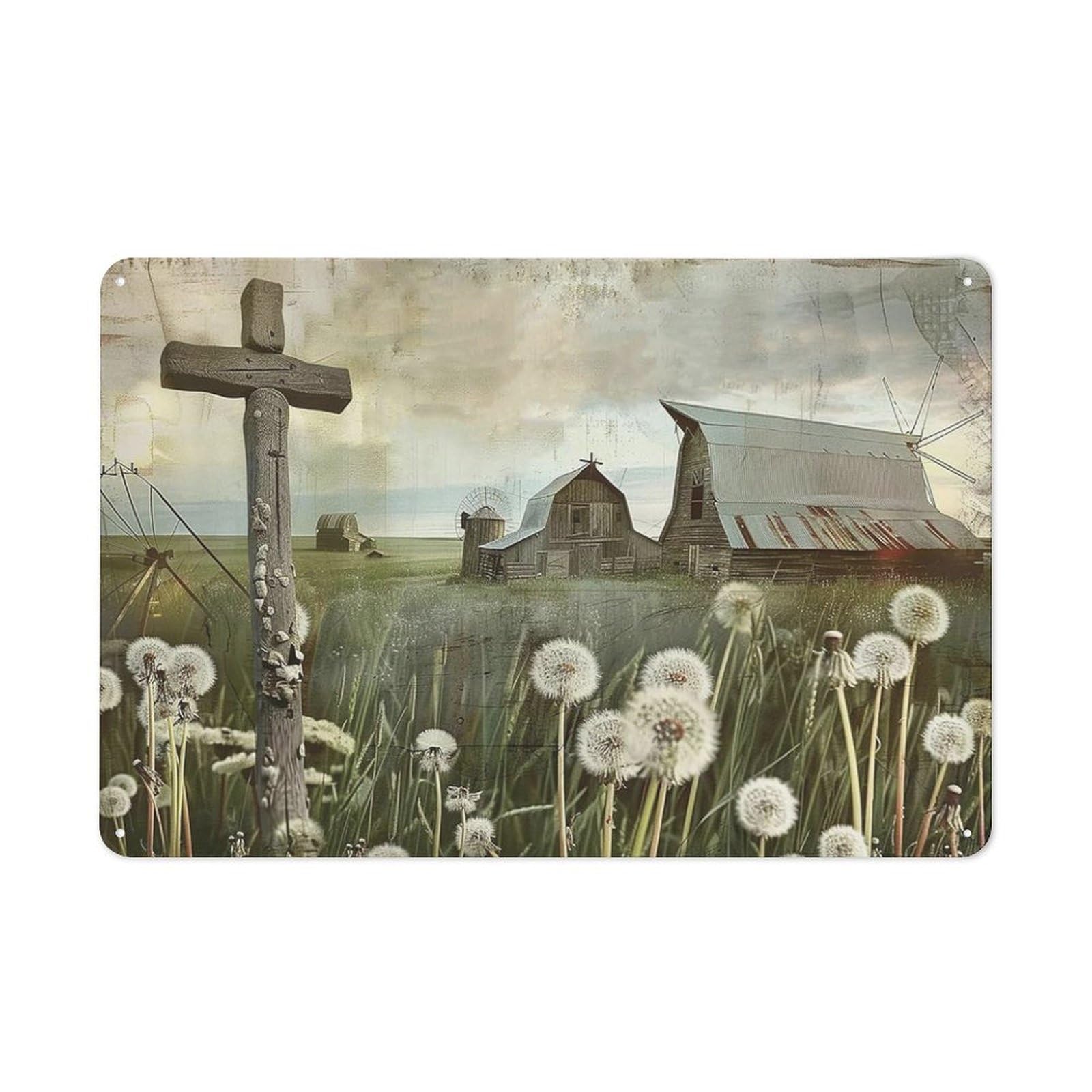 Rustic Metal Tin Sign, Country Dandelion Floral Print, Living Room Bathroom Farmhouse Decor 12x8 Inch