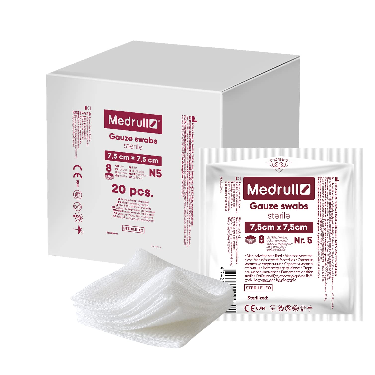 Medrull Mulltupfer Steril 7.5cm x 7.5cm Nicht klebende Wundauflagen - Extra saugfähig -8-lagig Verpackt 5 Stück x 20 Papierbeuteln (100 Stück)
