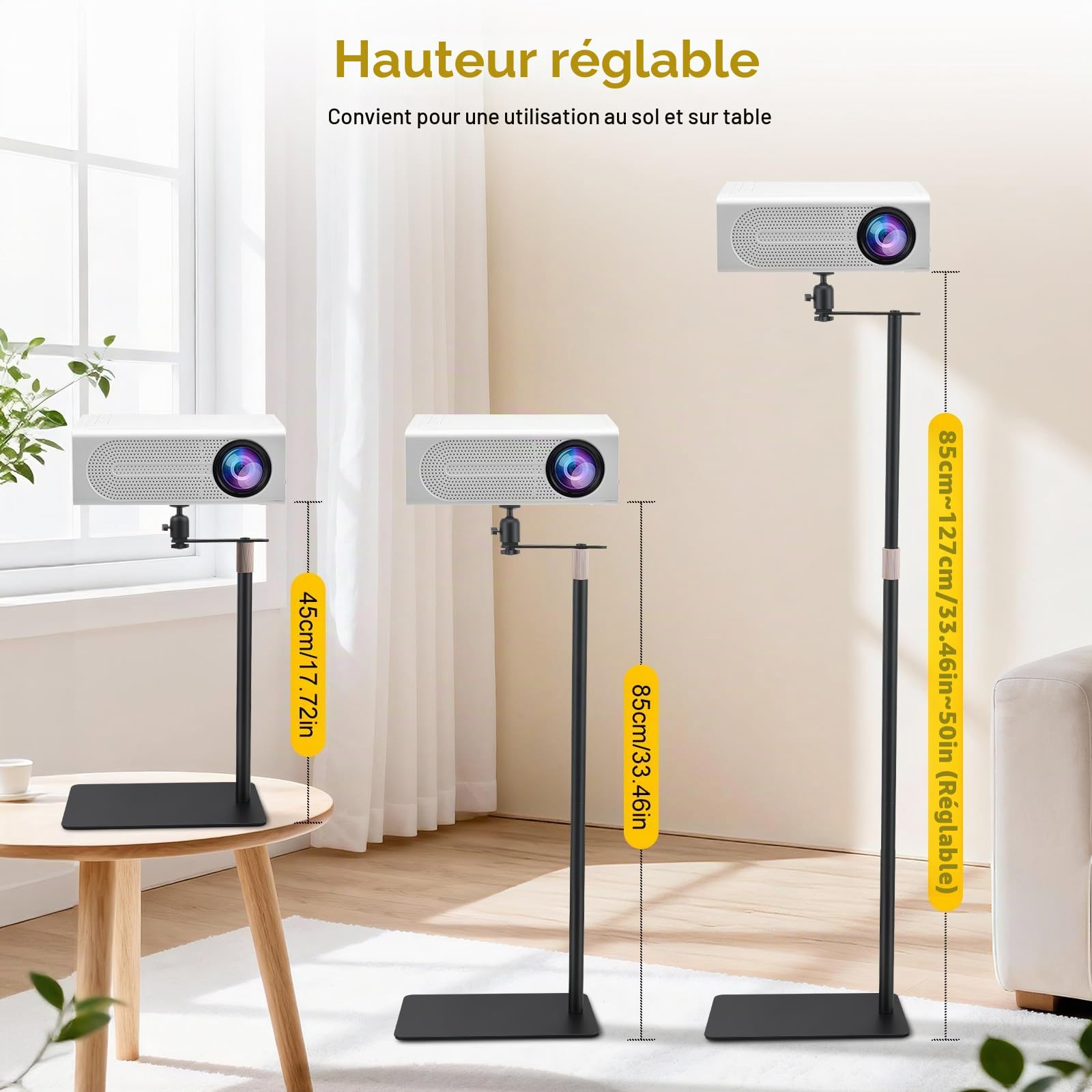 Support pour Vidéoprojecteur, Pied avec Rotation 360°, Derrière Canapé Contre le Mur, Charge 5kg, Hauteur Réglable 30-130cm, Projector Stand pour Maison, Bureau, Extérieur