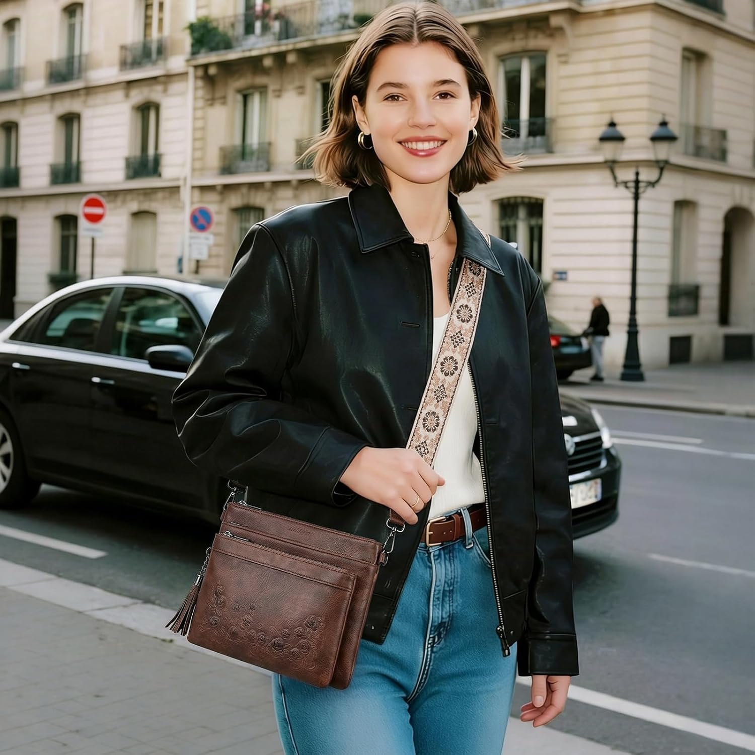 MEITRUE Crossbody Bags for Women,Embossed Leather Purse with Tassel Multi Pocket Travel Shoulder Handbags - Image 2