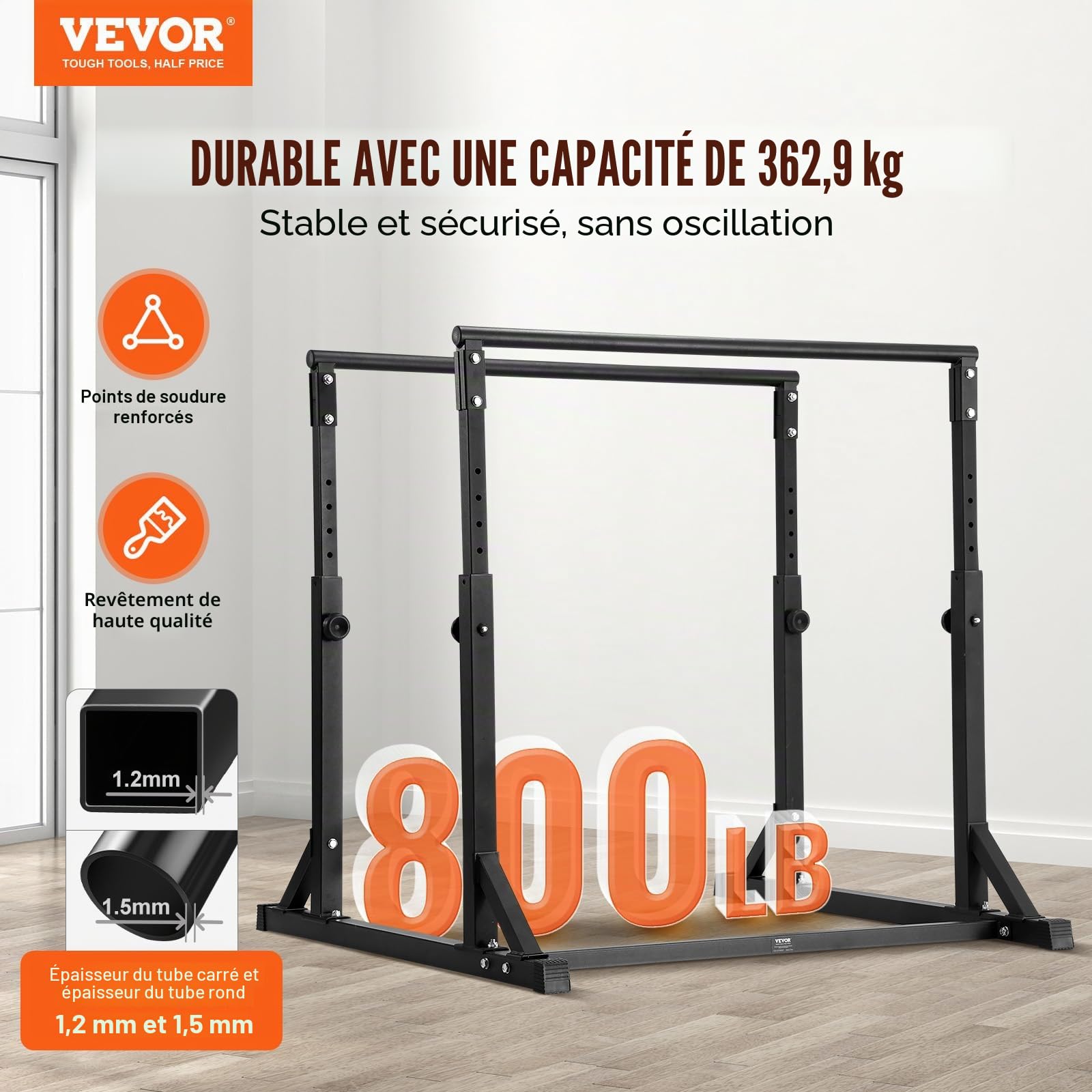 VEVOR Barre Dips, Capacité de 363 kg, Station de Dips Très Résistante avec Hauteur Réglable, Station de Barre d'Entraînement de Fitness, Barres Parallèles pour l'Entraînement de Force à la Maison