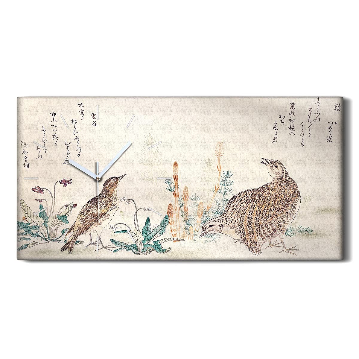 Horloge sur toile fleurs d'oiseaux asiatiques image art mural 60x30cm