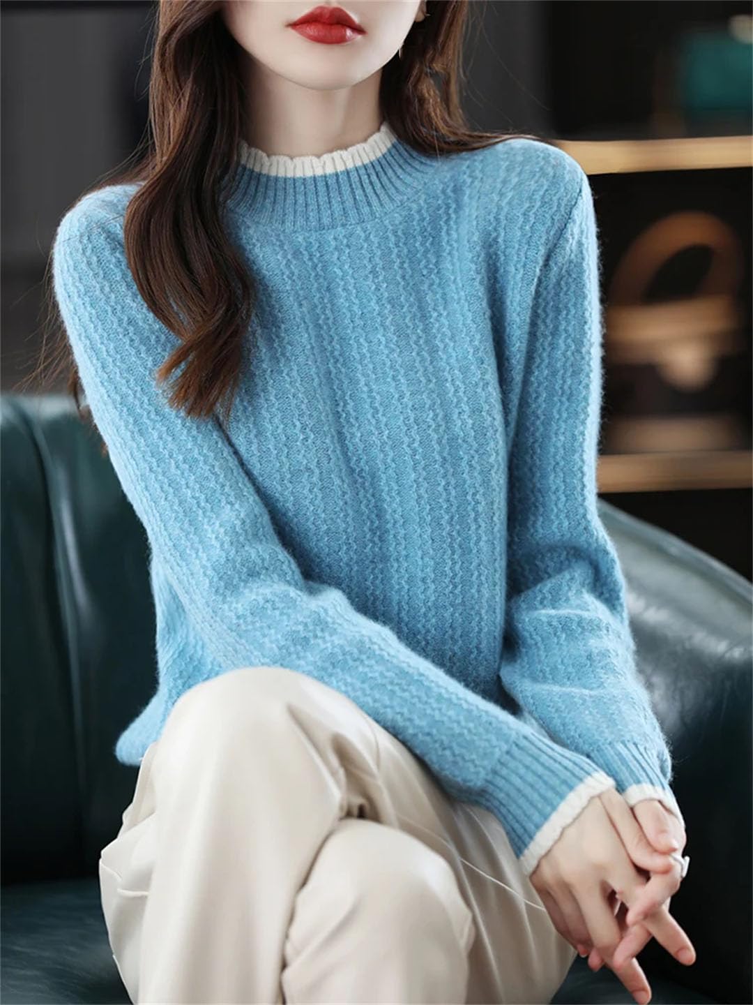 Vogrtcc Suéter De Cuello Alto Medio De Lana De Otoño E Invierno para Mujer Suéter De Bajo De Punto Suelto