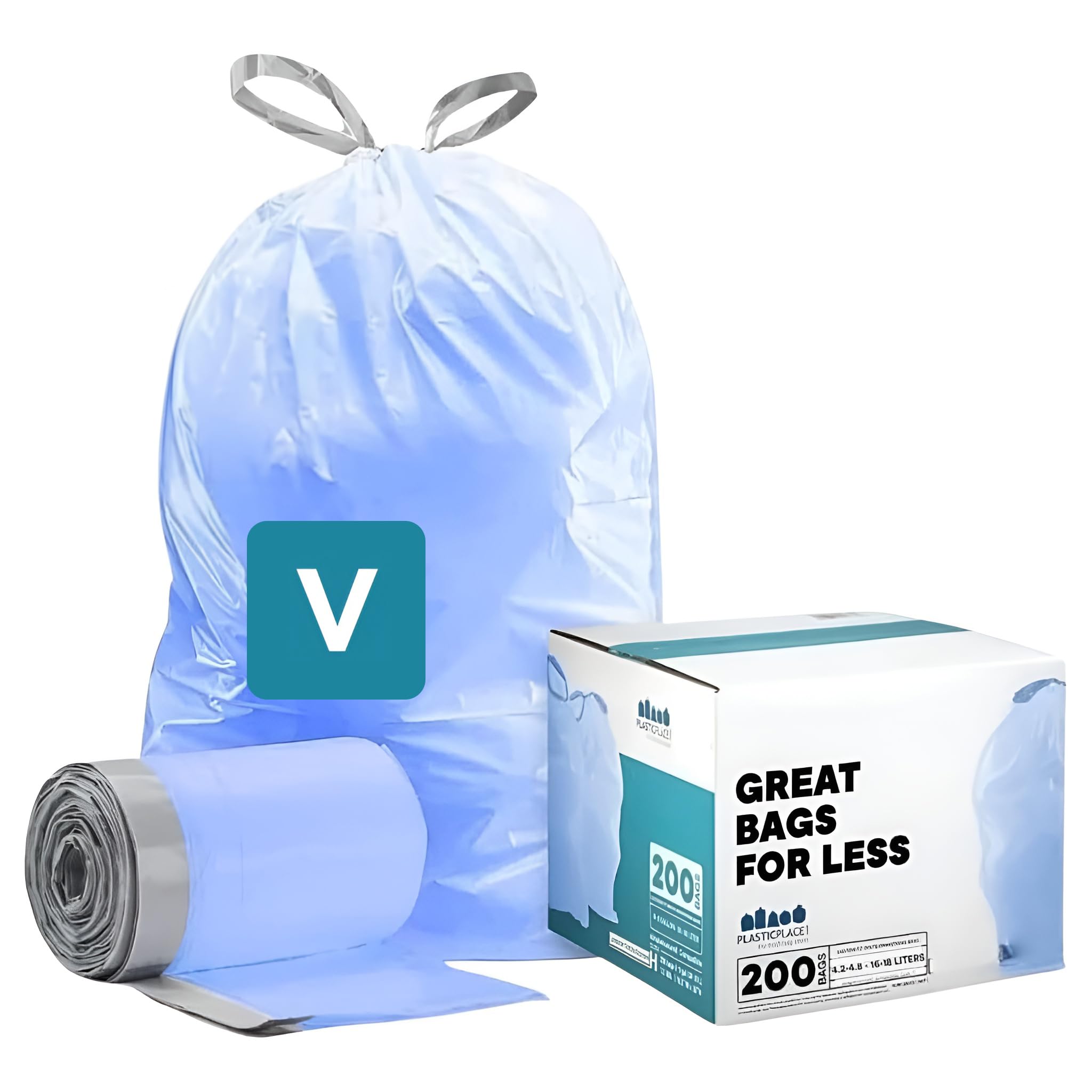 Plasticplace Custom Fit Trash Bags, Compatible with simplehuman Code V (200 Count) Tinted Blue Drawstring Garbage Liners 4.2-4.8 Gallon, 14.5" x 28"