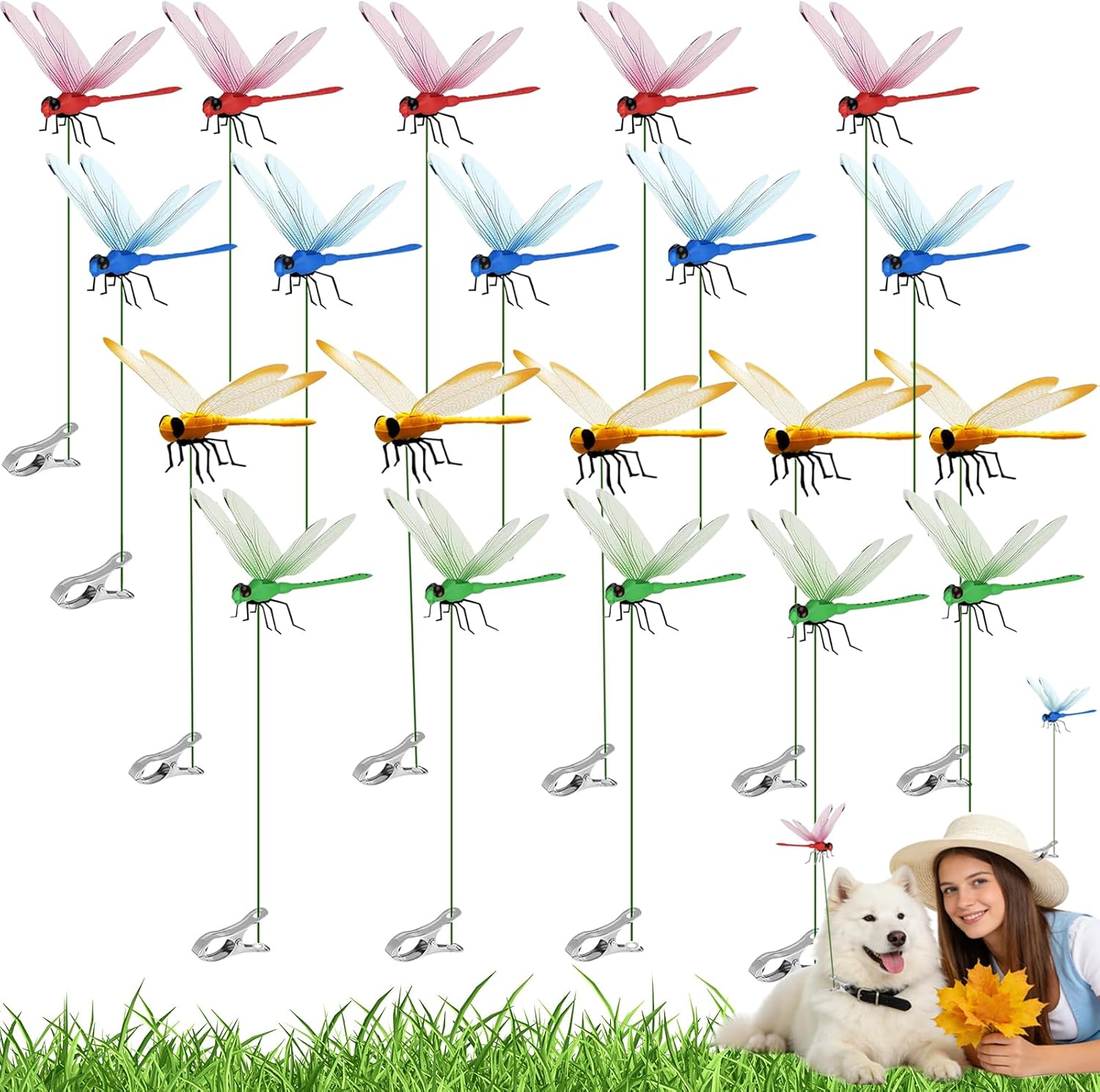 20PCS Dragon Fly Clips for Bugs Repellent, Dragonfly Clip Bug Repellent,3D Dragonfly Clip, Fake Dragonflies Decor, Dragonfly Humming Bird Stakes, Bird and Fly Scare Devices for Indoor Outdoor Garden