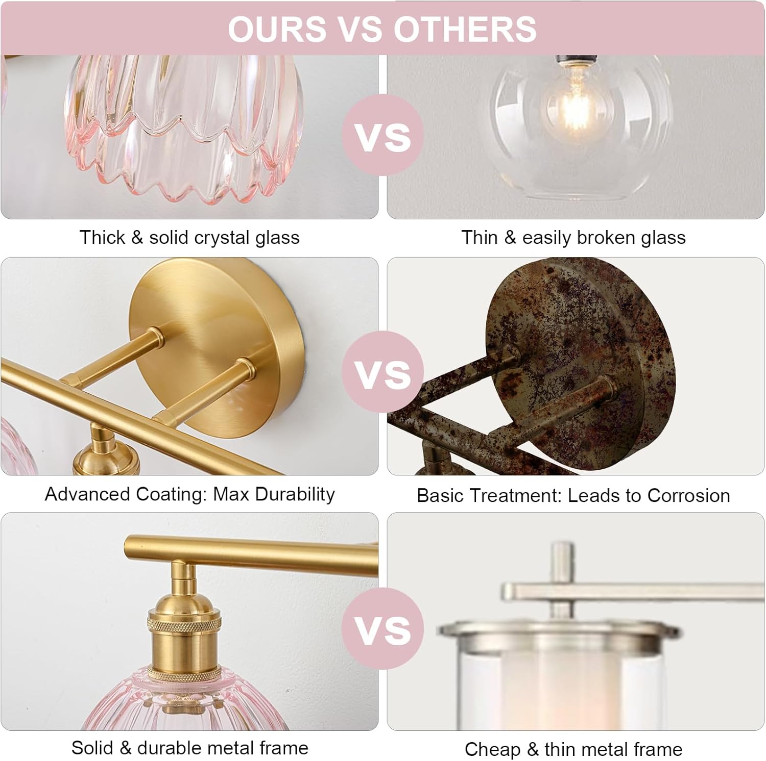 Gold Bathroom Light Fixtures Over Mirror, 2 Light Bathroom Vanity Light Fixture with Tulip Pink Glass Lampshade, Vintage Vanity Lights for Bathroom, Bathroom Vanity Lights Over Mirror