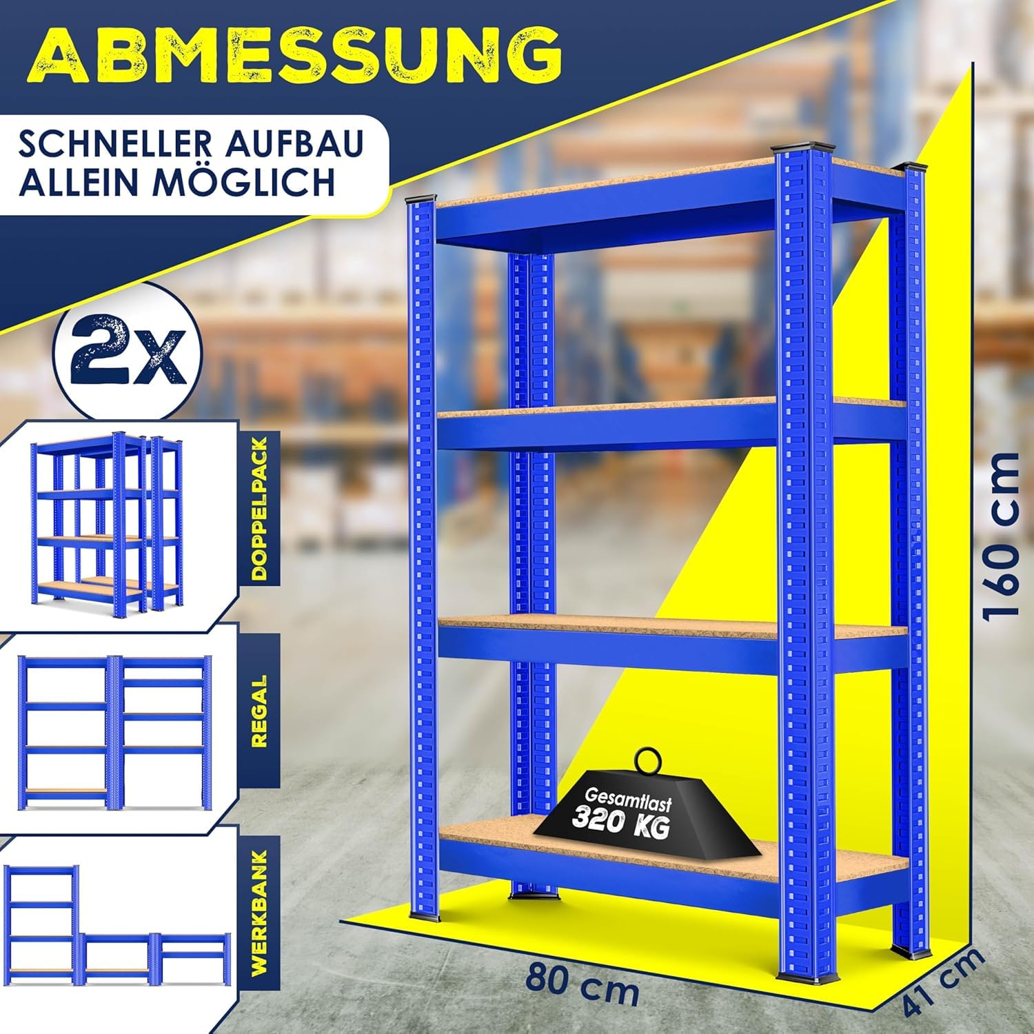 MASKO® Lot de 2 étagères de stockage, pour charges lourdes, charge maximale 700 kg, enfichable, atelier, cave, garage, 2x 160x80x40cm 4-Böden, Blau