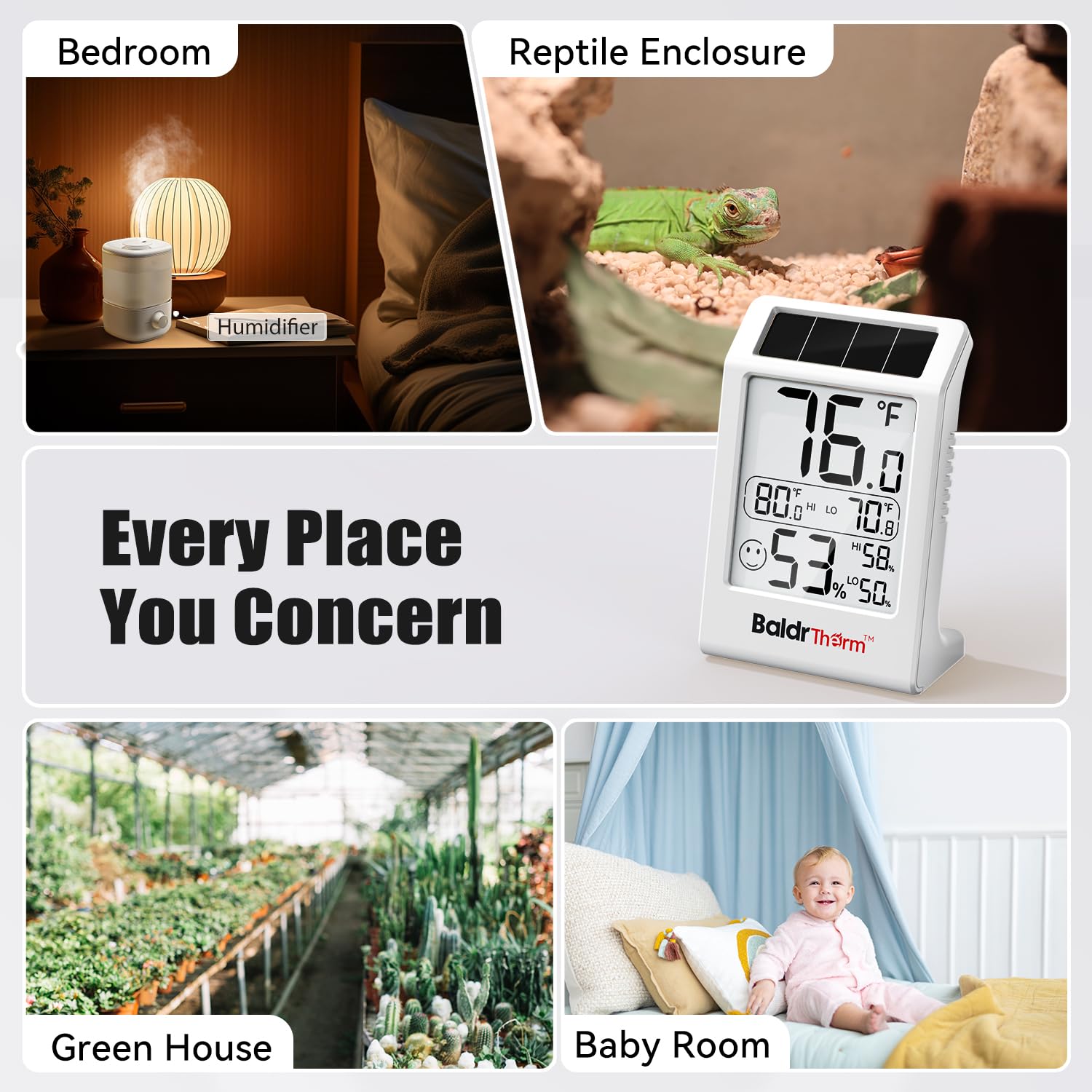 BaldrTherm Misuratore di umidità per stanza, igrometro a energia solare, sensore di temperatura digitale per interni, 8,1 cm, misuratore di umidità per stanze dei bambini, casa, ufficio, confezione da