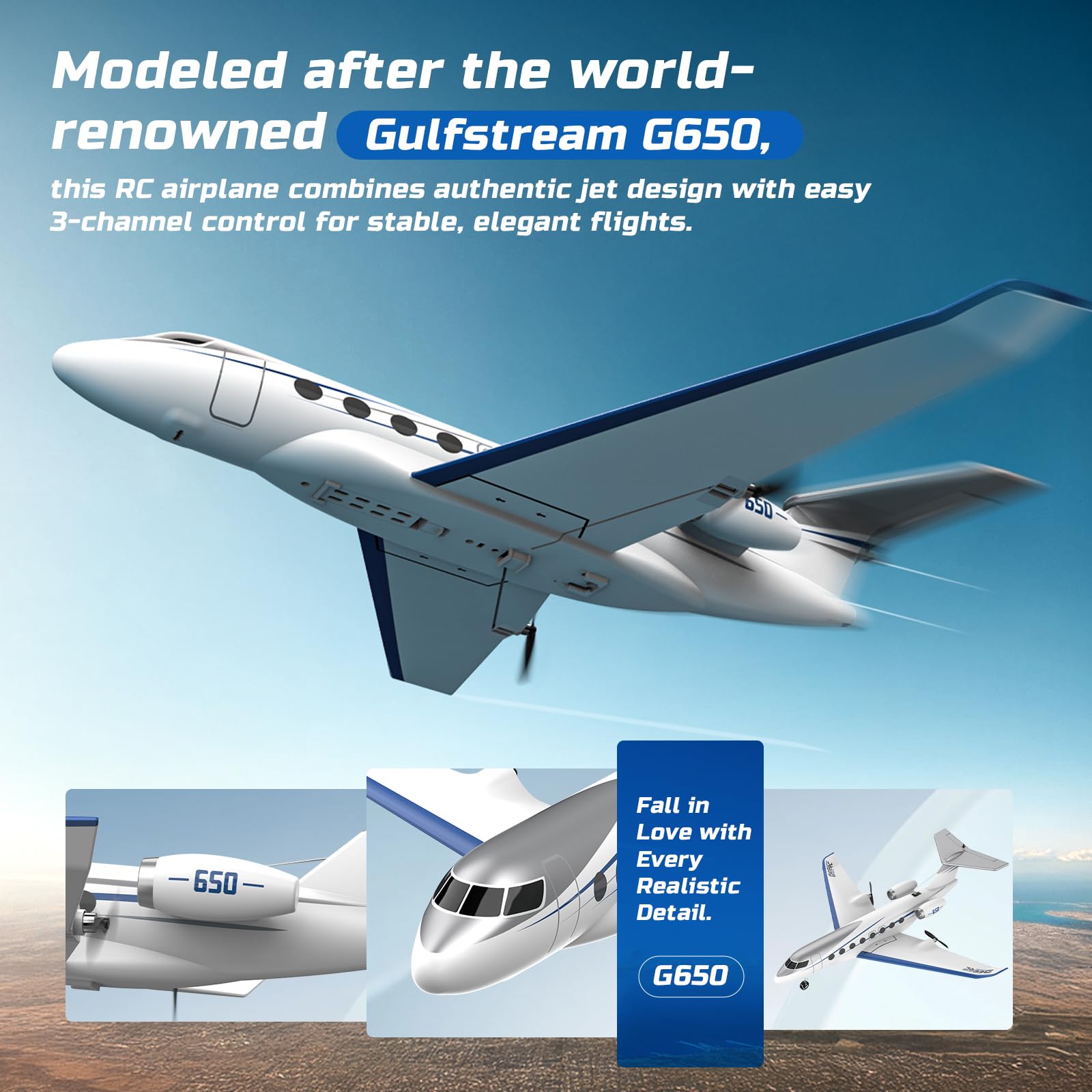 DEERC G650 Aereo Telecomandato Jet Privato, Aereo RC a 3 canali, 2,4 GHz, Stabilizzatore Giroscopico a 6 assi, Pronto a Volare (RTF), Facile da pilotare per Principianti, Bambini e Adulti.