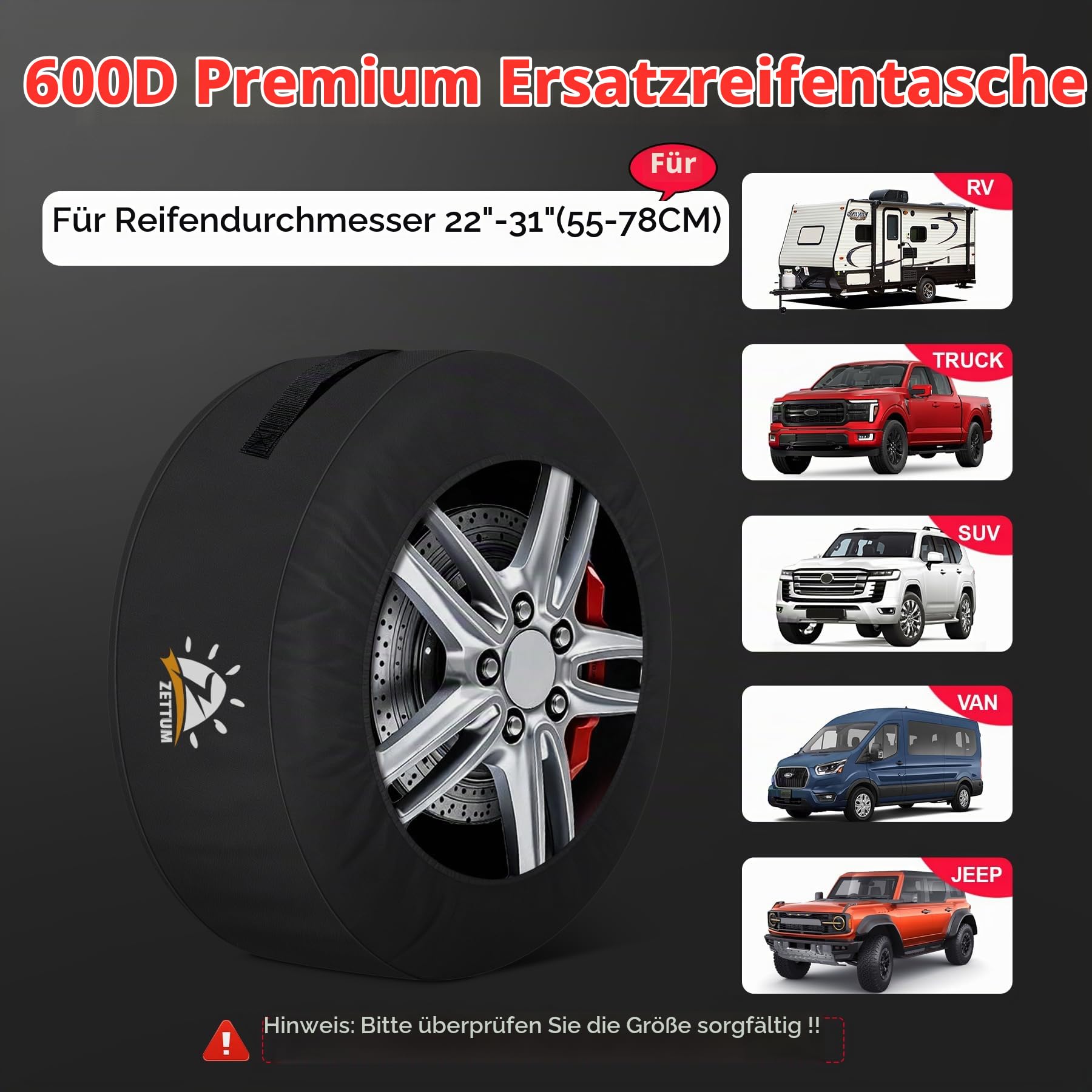 Zettum 4er-Set Reifentaschen Ø22-31 Zoll, 600D PU Oxford Reifenaufbewahrung mit Tragegriff Wasserdicht & Staubdicht, Ideal für Transport und Lagerung Reifenschutzhülle, Schwarz, Ø55-78cm