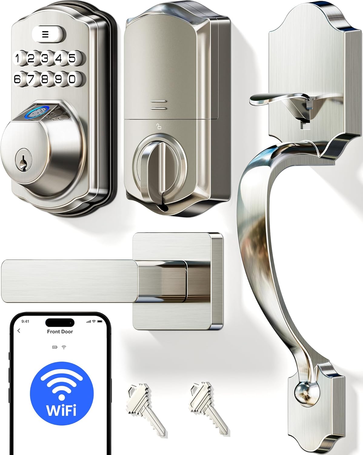 Veise VE012W-H Built-in WiFi Fingerprint Smart Deadbolt with Handle Set, App Remote Control, Keyless Entry Front Door Lock Set, Backlit Keypad, Voice Assistant, Auto Lock, Waterproof, Satin Nickel