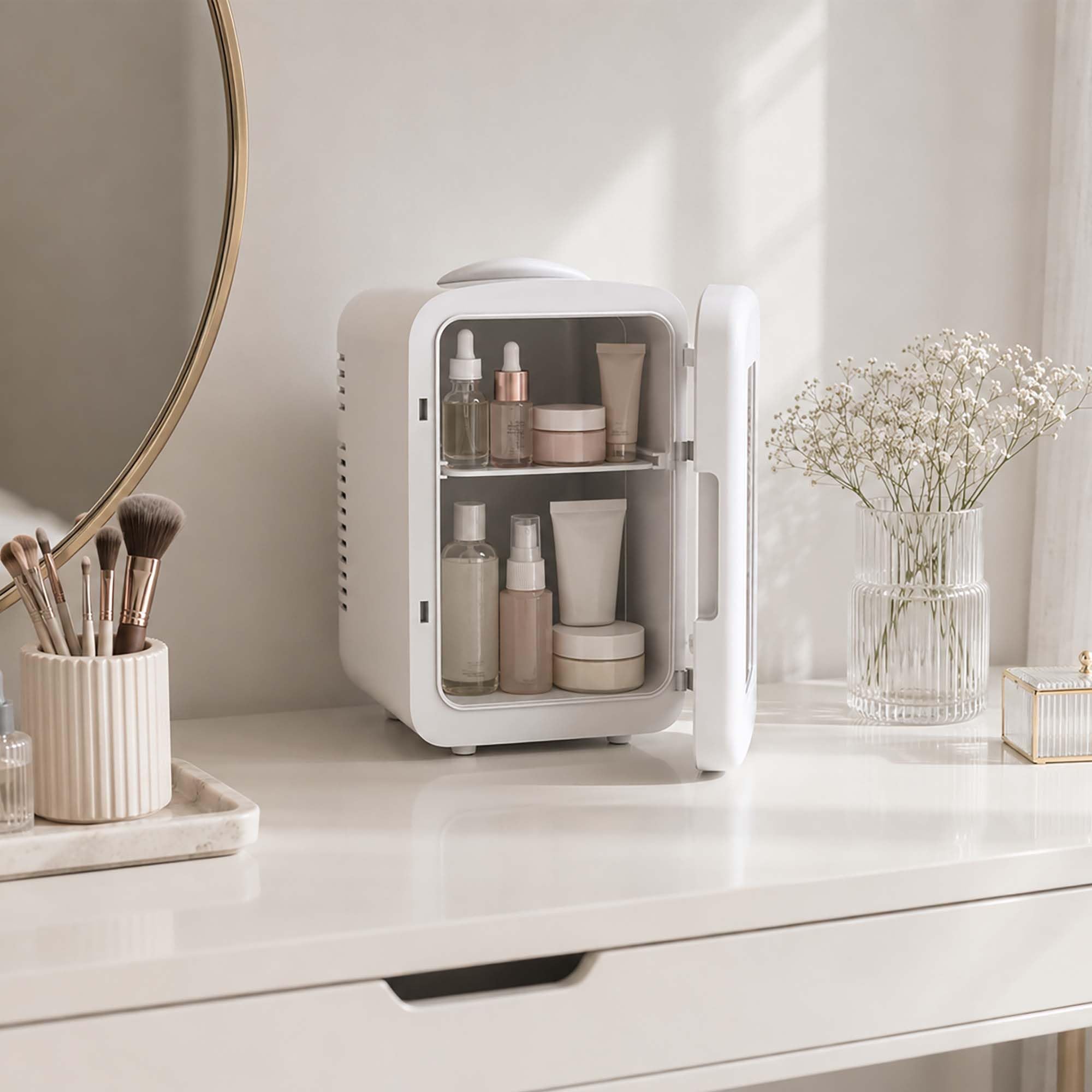Frigidaire Mini glacière personnelle blanche pour réfrigérateur, porte transparente, capacité de 3,8 l pour six canettes, comprend des prises pour prise domestique et un chargeur CC – 25 cm P x 18 cm