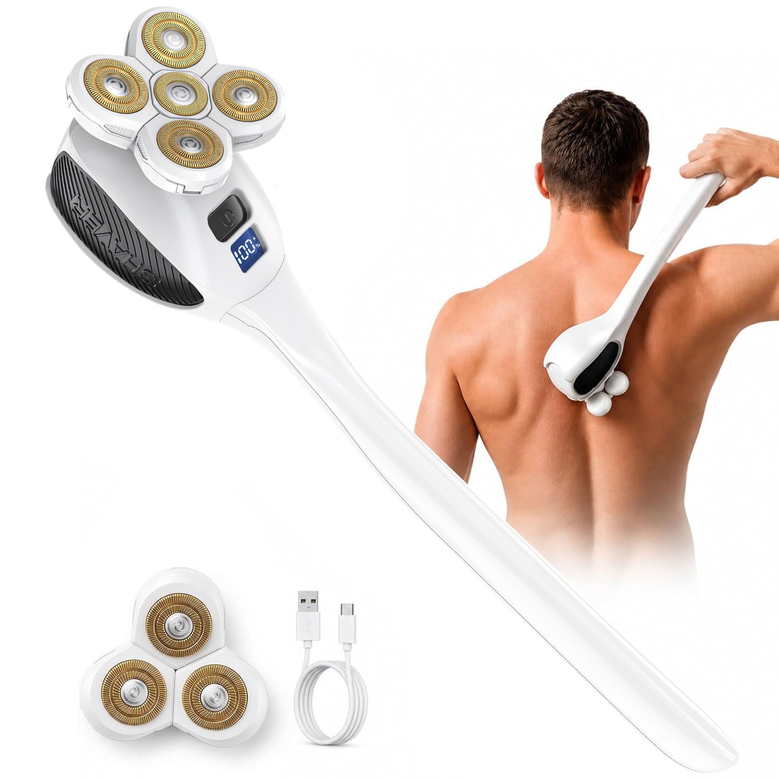 Electric Back Shaver for Men with Long Handle, Works for Shaving Leg Hair Black & White Back Shaver
