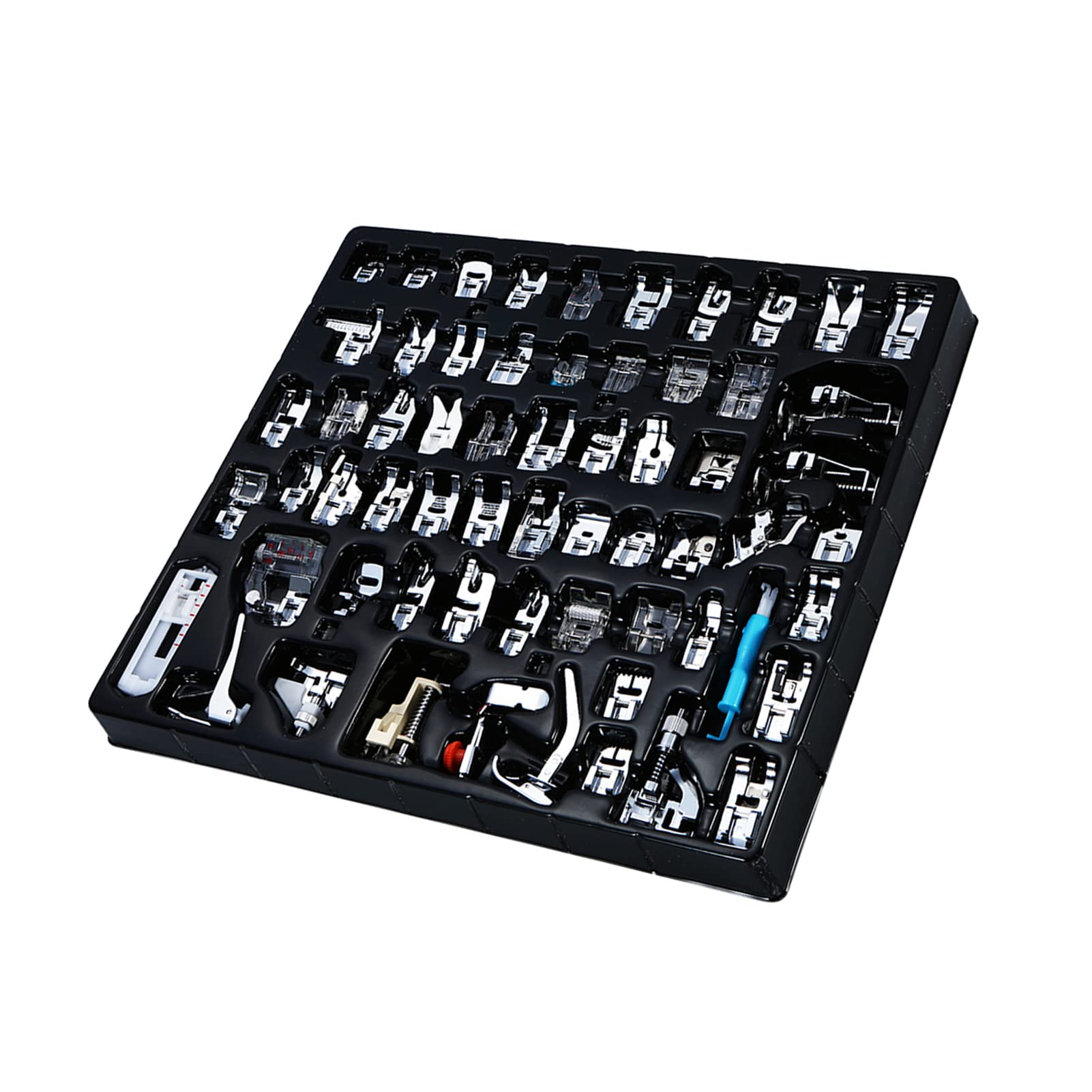 Eujgoov Kit de 62 Pieds-de-biche Professionnels en Métal et Plastique pour Machines à Tige Basse, Kit de Pieds-de-biche Multifonctions pour Couture Domestique, Matelassage, Broderie, Fermeture éclair