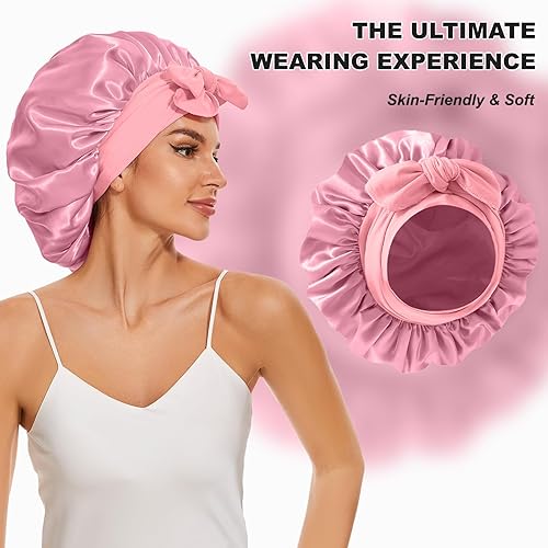 Miniatura 5 de Gorro de satén grande de seda para dormir, gorro de satén de doble capa para mujer, gorro de ducha de cabello rizado natural