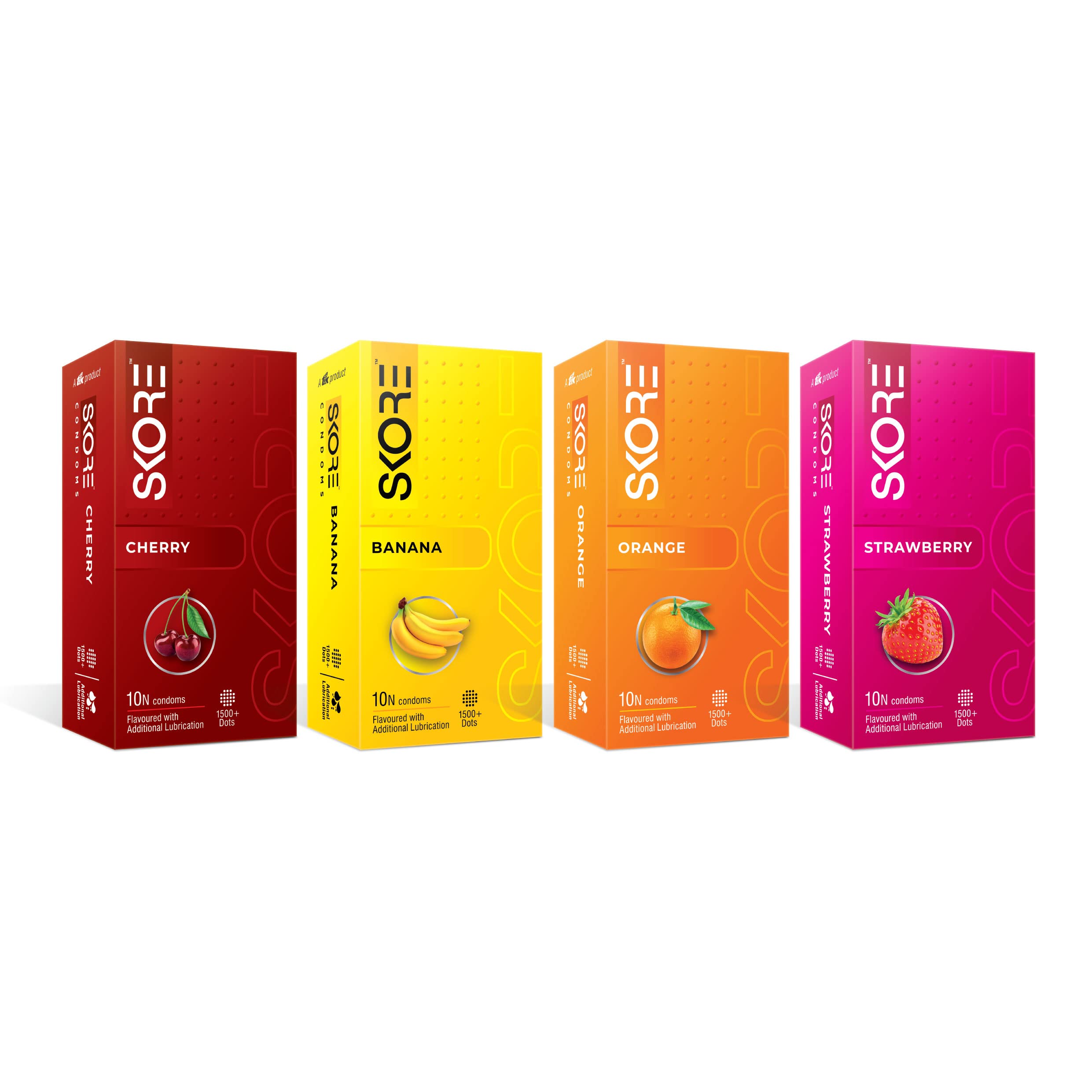 Skore Fruit Basket Condoms Combo | Flavoured - Orange, Banana, Cherry & Strawberry | Coloured) - 10 Pieces, Pack of 4