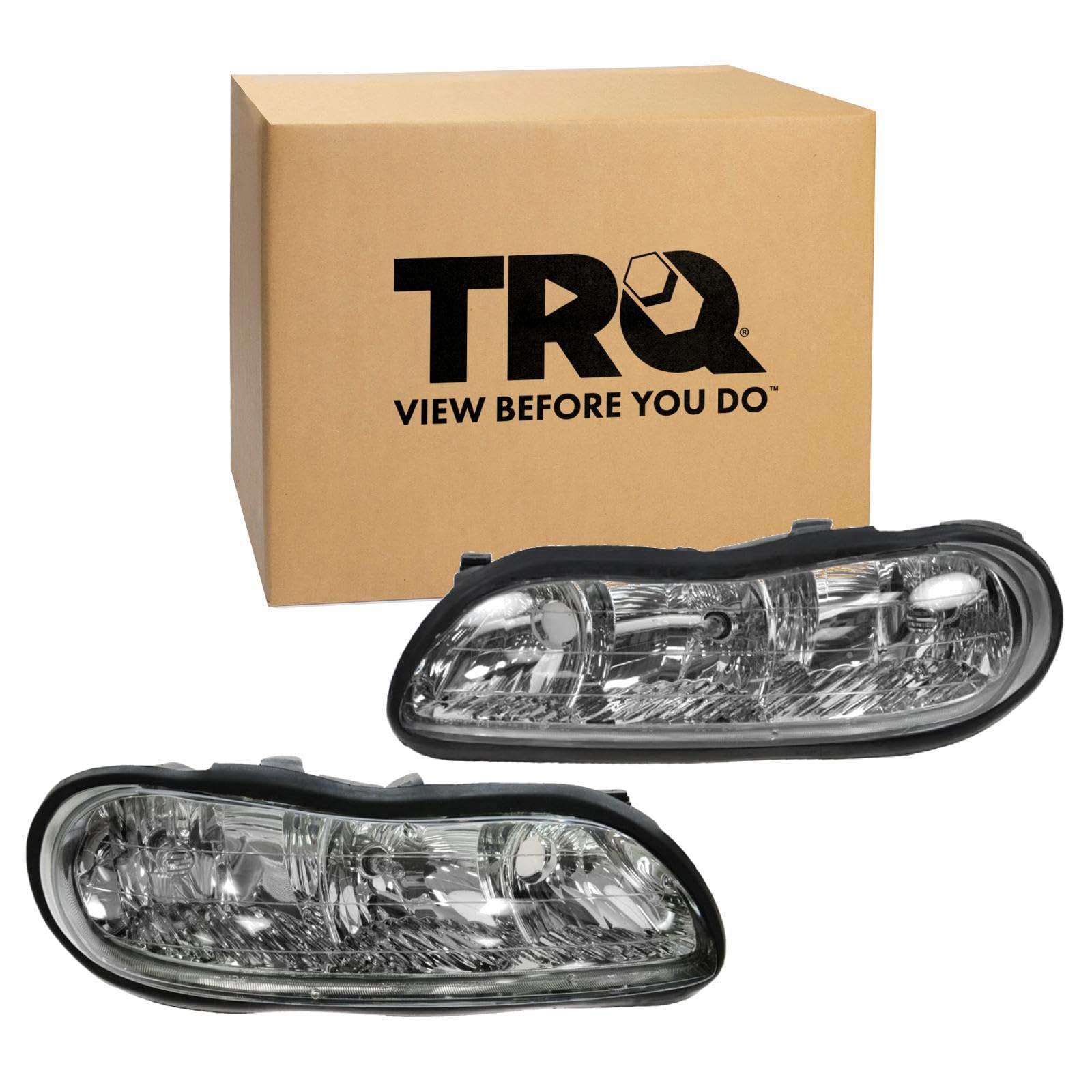 TRQ 2 Piece Headlight Assembly Set Driver &amp; Passenger Side Compatible with Chevrolet Chevy Classic 2004-2005 Malibu 1997-2003 Oldsmobile Cutlass 1997-1999 GM2502154 GM2503154 22618781 22618782