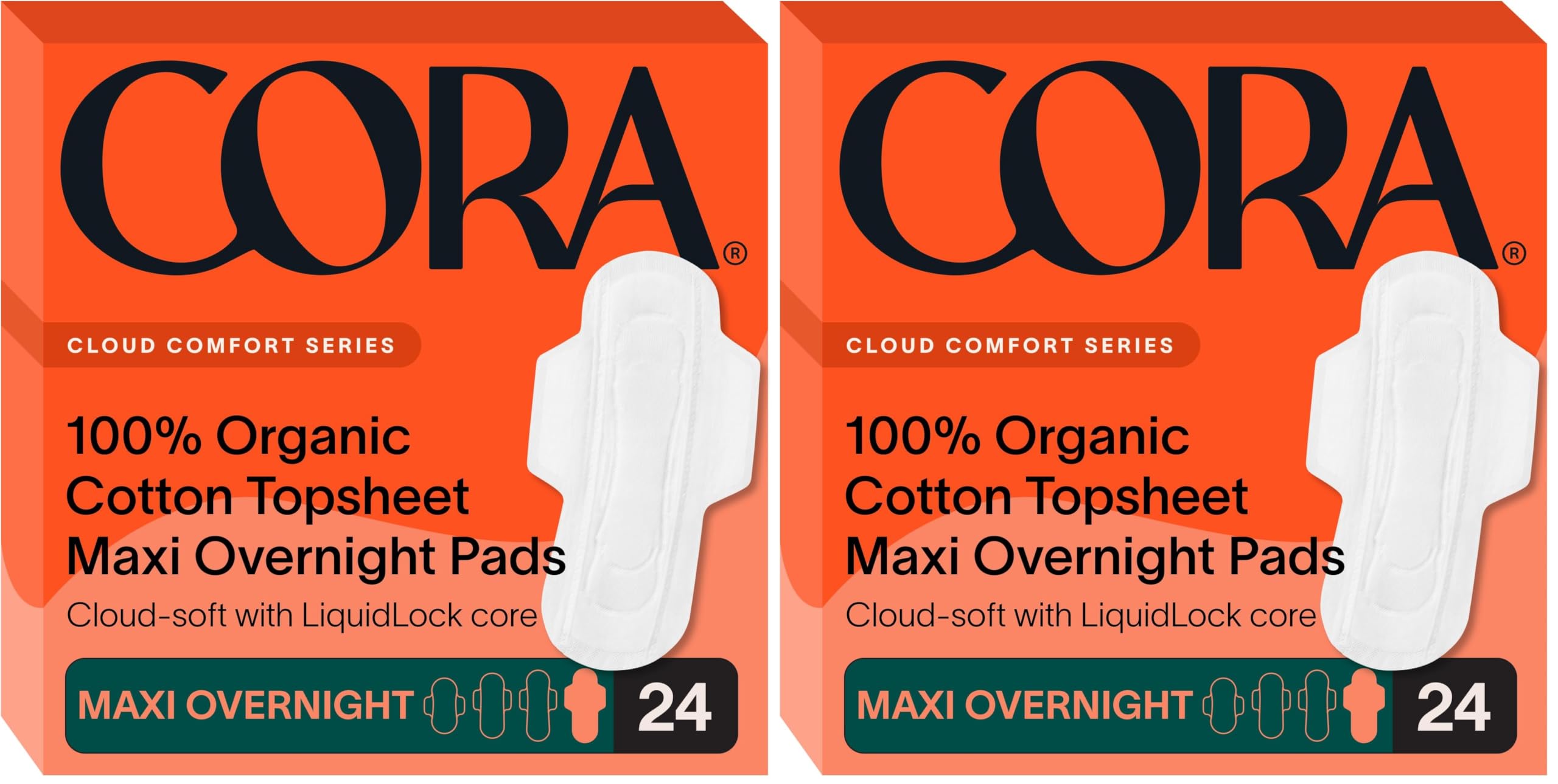 Cora 100% Organic Cotton Topsheet Pads (24 Maxi Overnight Pads) (Pack of 2)