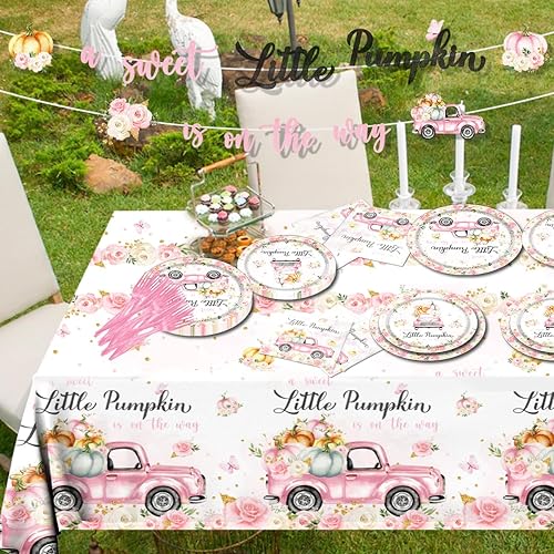 Miniatura 4 de Decoraciones de Vajilla para Fiesta de Baby Shower Little Pumpkin, 142 Piezas Una Dulce Calabacita Está en Camino Niña Rosa Floral Camión Mantel