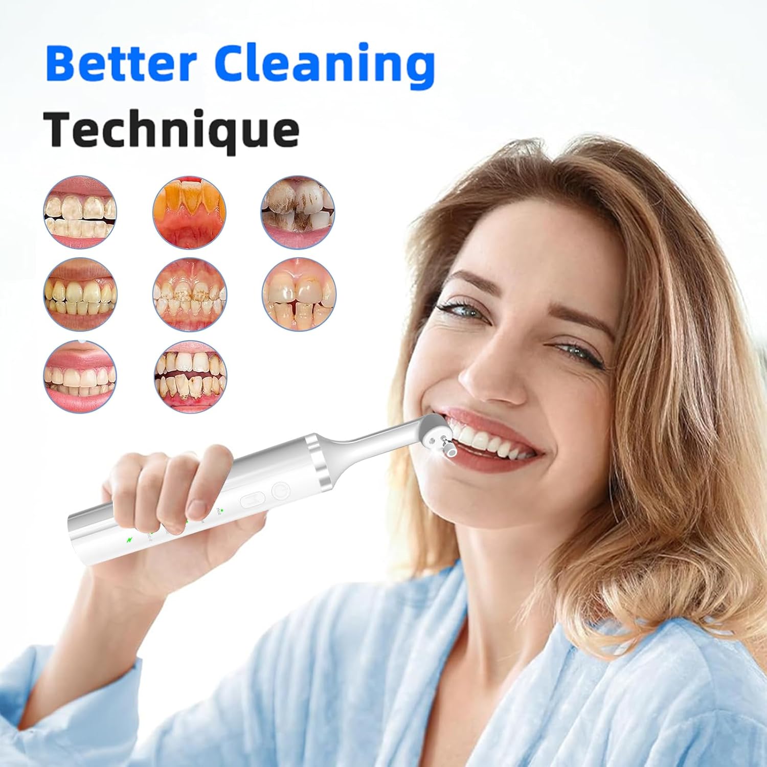Teeth Polisher with 5 Brush Heads 8 Polish Pastes 5 Speed Modes and LED Light IPX6 Waterproof Tooth Polishing Kit Teeth Cleaner Tools for Home Use Teeth Whitening and Cleaning (White)